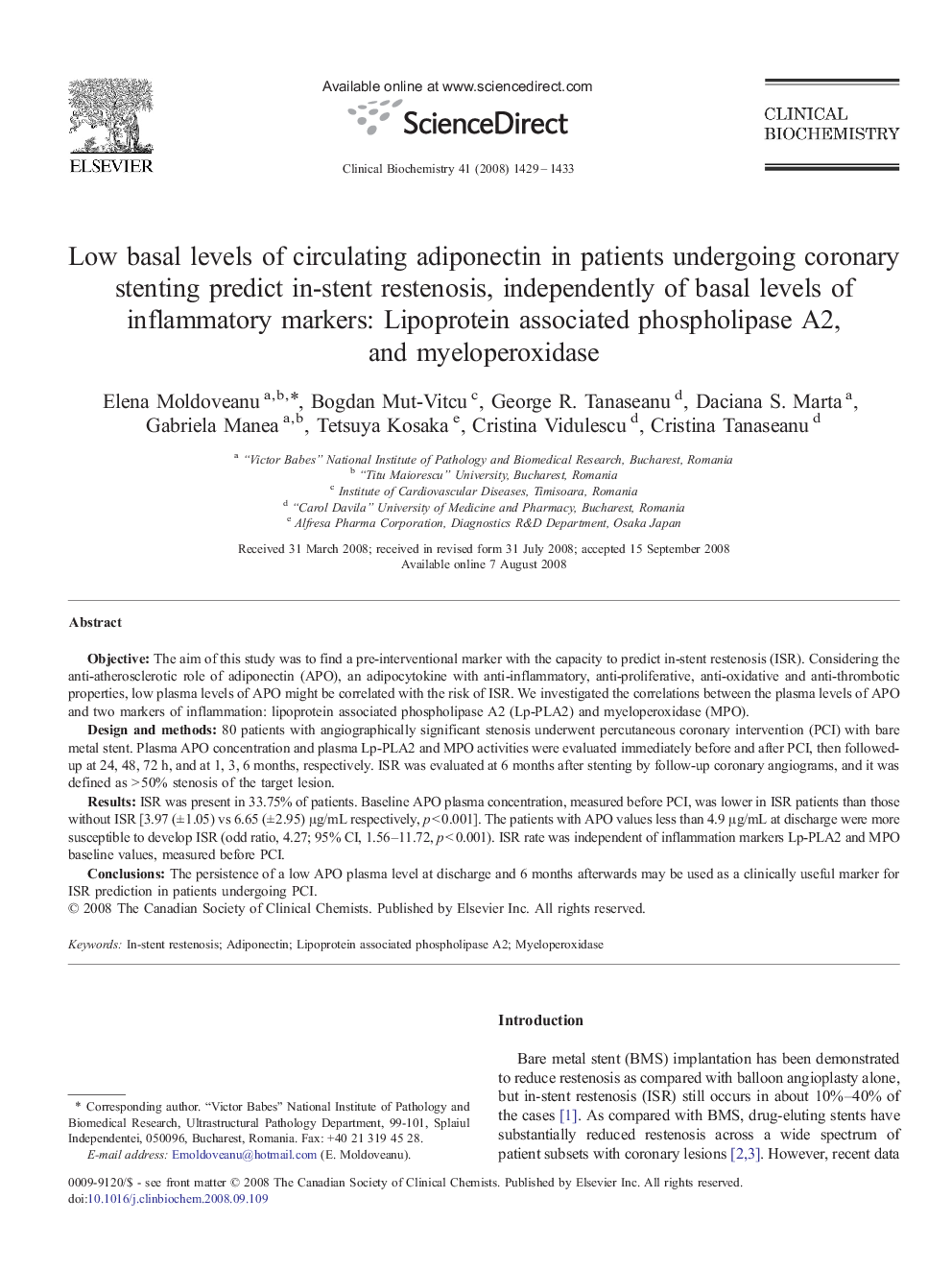 Low basal levels of circulating adiponectin in patients undergoing coronary stenting predict in-stent restenosis, independently of basal levels of inflammatory markers: Lipoprotein associated phospholipase A2, and myeloperoxidase