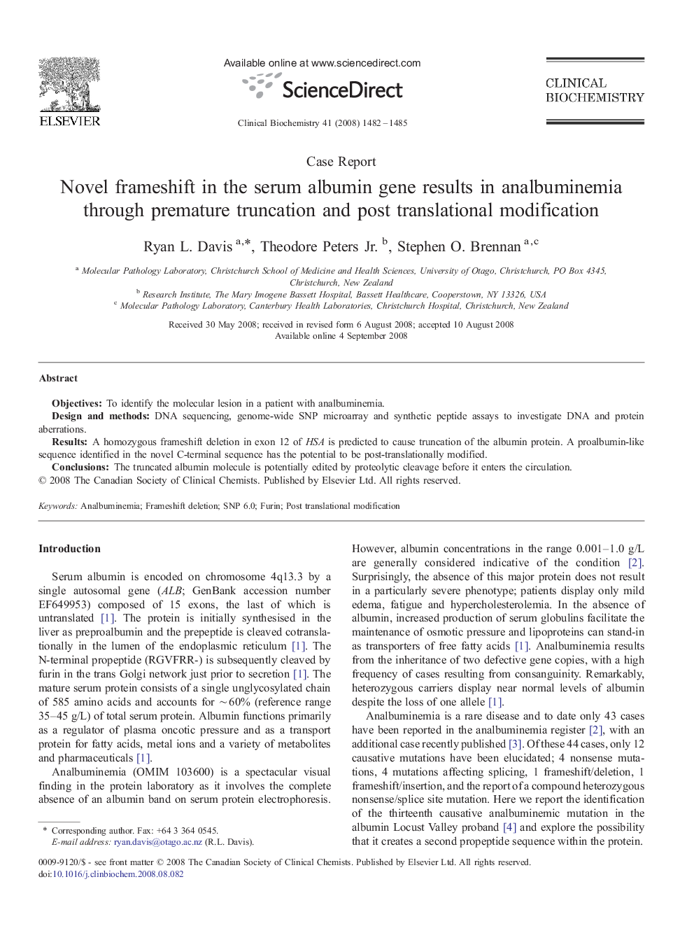 Novel frameshift in the serum albumin gene results in analbuminemia through premature truncation and post translational modification