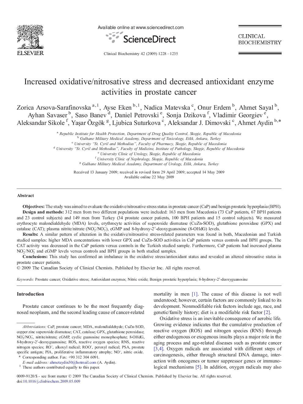 Increased oxidative/nitrosative stress and decreased antioxidant enzyme activities in prostate cancer