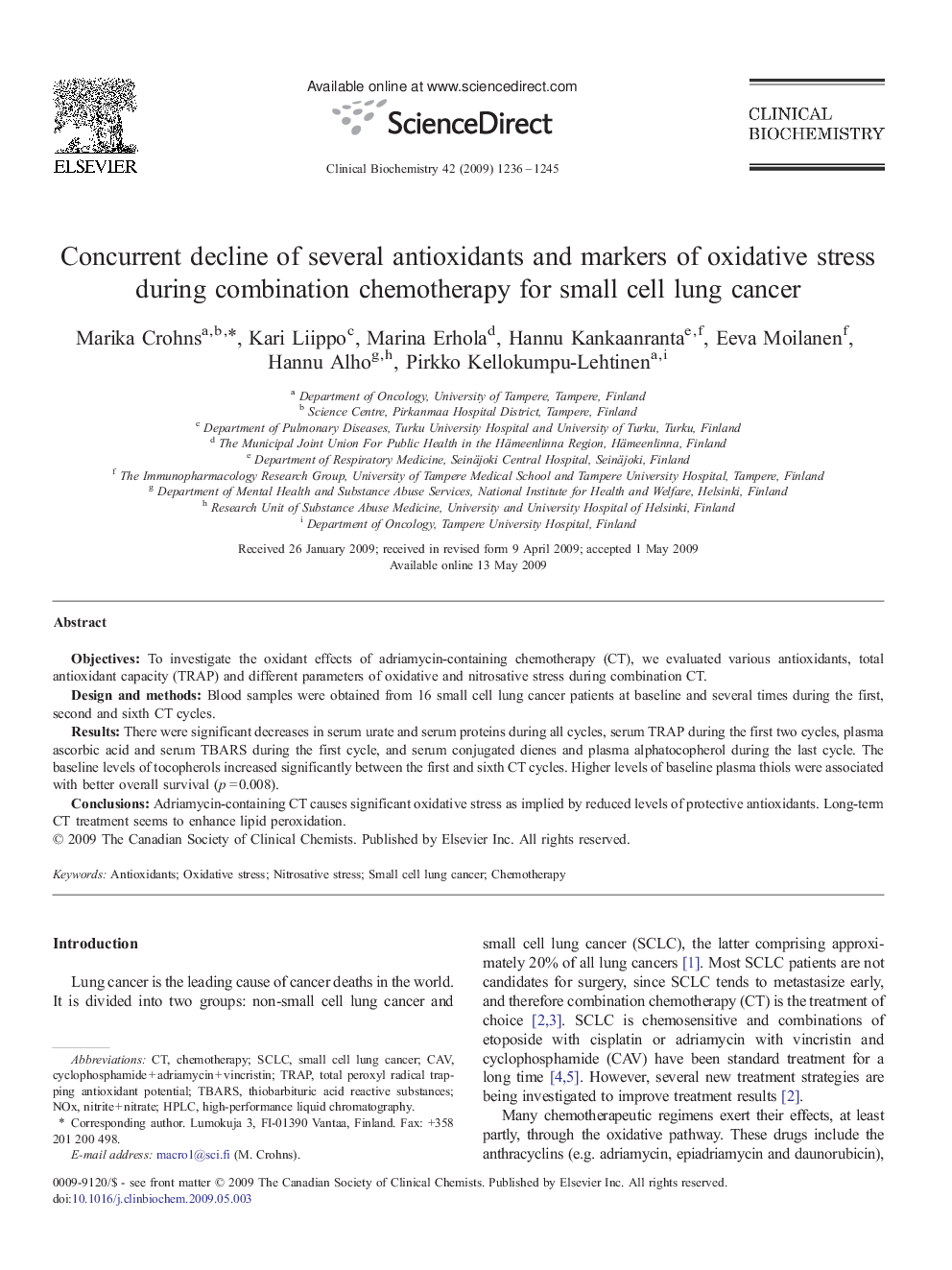 Concurrent decline of several antioxidants and markers of oxidative stress during combination chemotherapy for small cell lung cancer