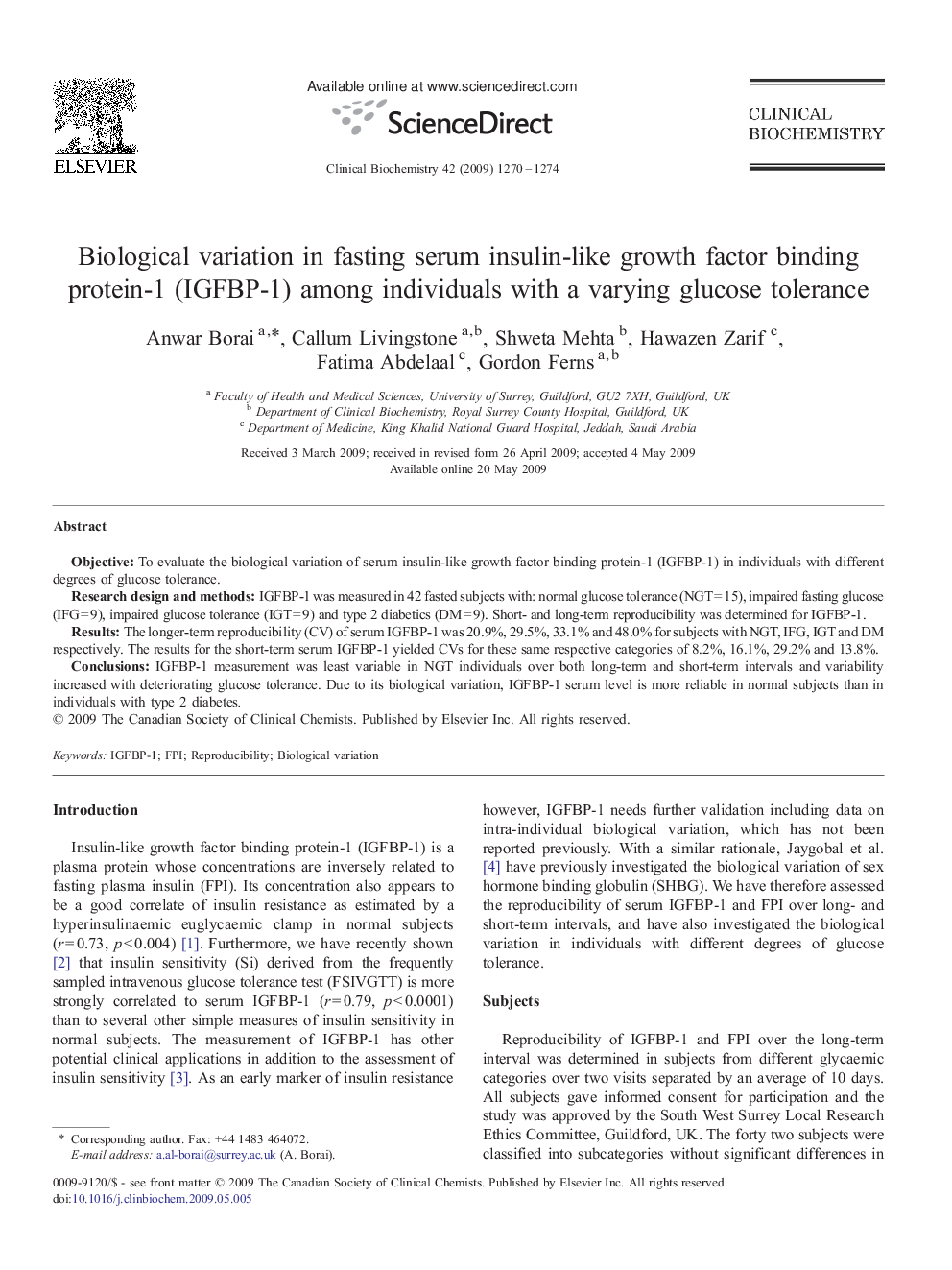 Biological variation in fasting serum insulin-like growth factor binding protein-1 (IGFBP-1) among individuals with a varying glucose tolerance