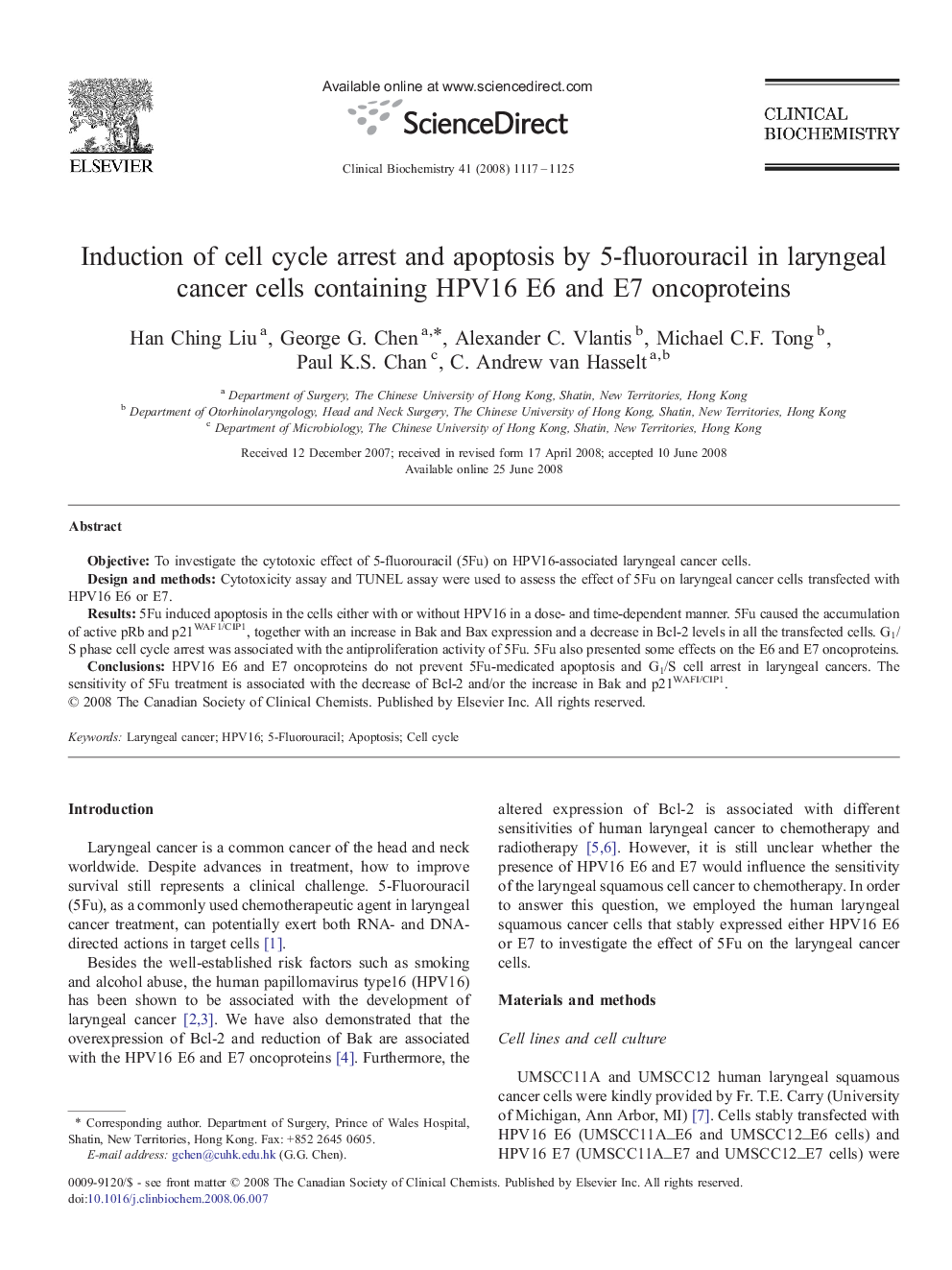 Induction of cell cycle arrest and apoptosis by 5-fluorouracil in laryngeal cancer cells containing HPV16 E6 and E7 oncoproteins