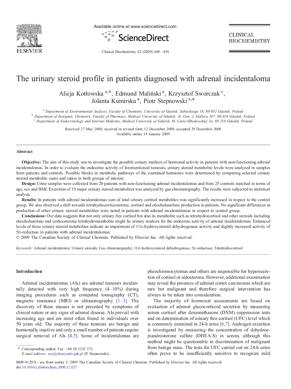 The urinary steroid profile in patients diagnosed with adrenal incidentaloma