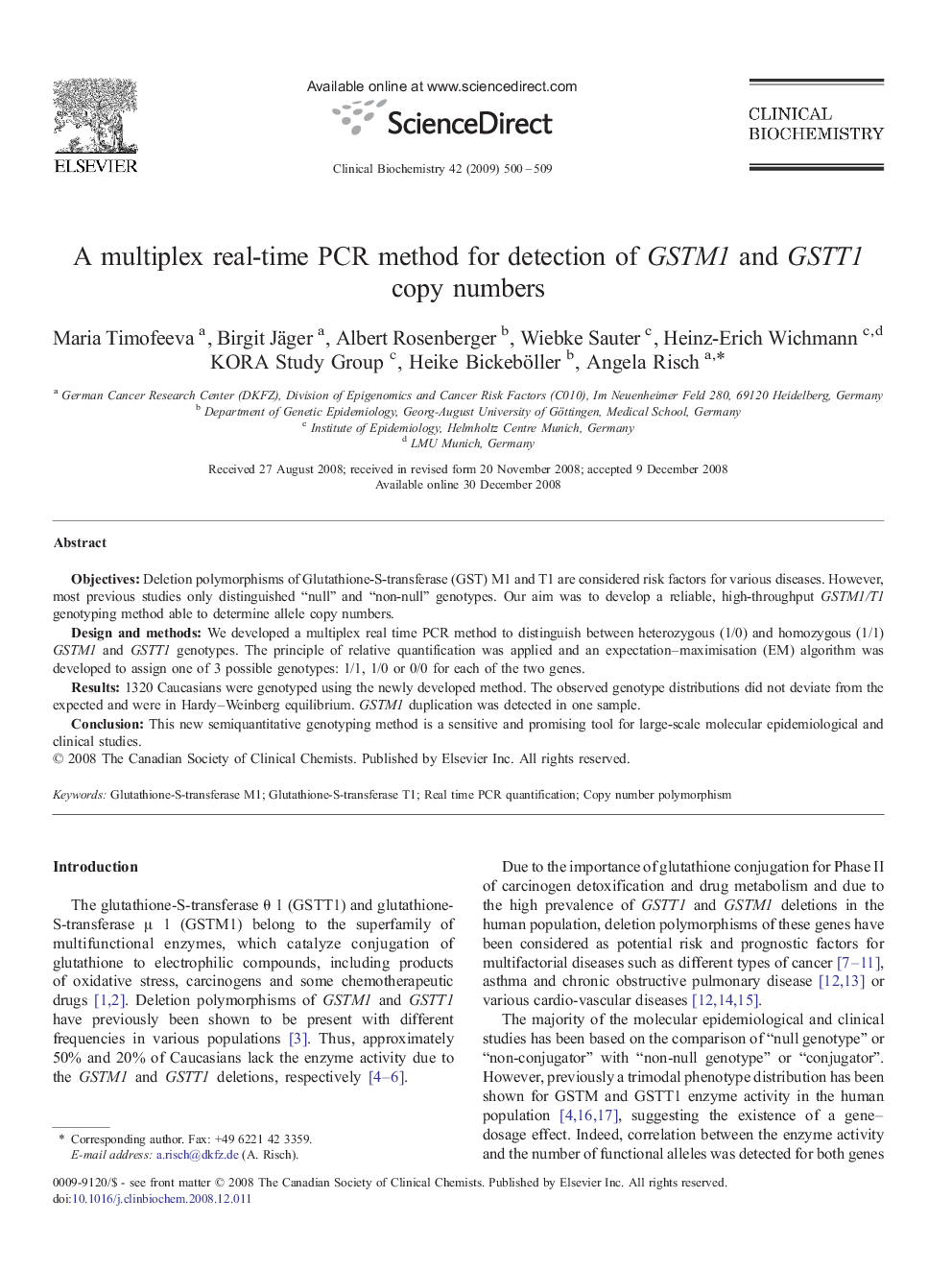 A multiplex real-time PCR method for detection of GSTM1 and GSTT1 copy numbers