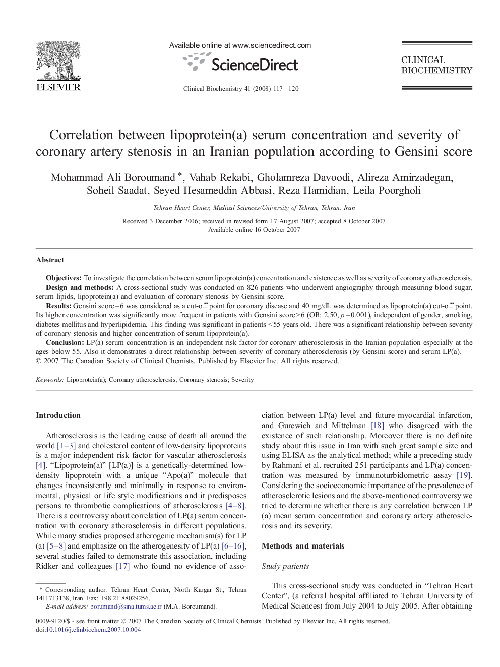 Correlation between lipoprotein(a) serum concentration and severity of coronary artery stenosis in an Iranian population according to Gensini score