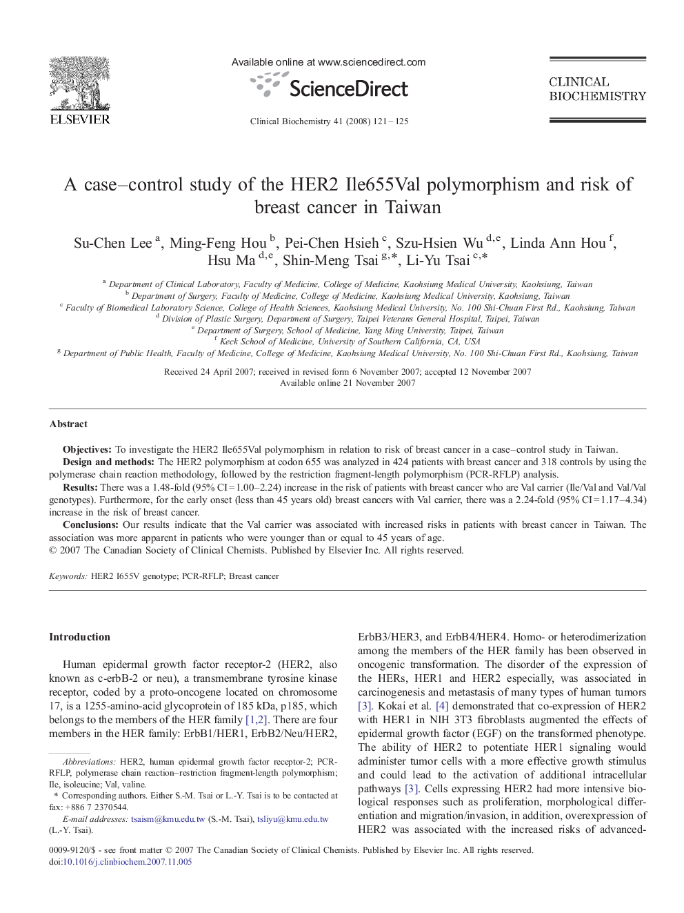 A case–control study of the HER2 Ile655Val polymorphism and risk of breast cancer in Taiwan