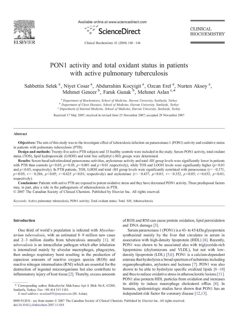 PON1 activity and total oxidant status in patients with active pulmonary tuberculosis