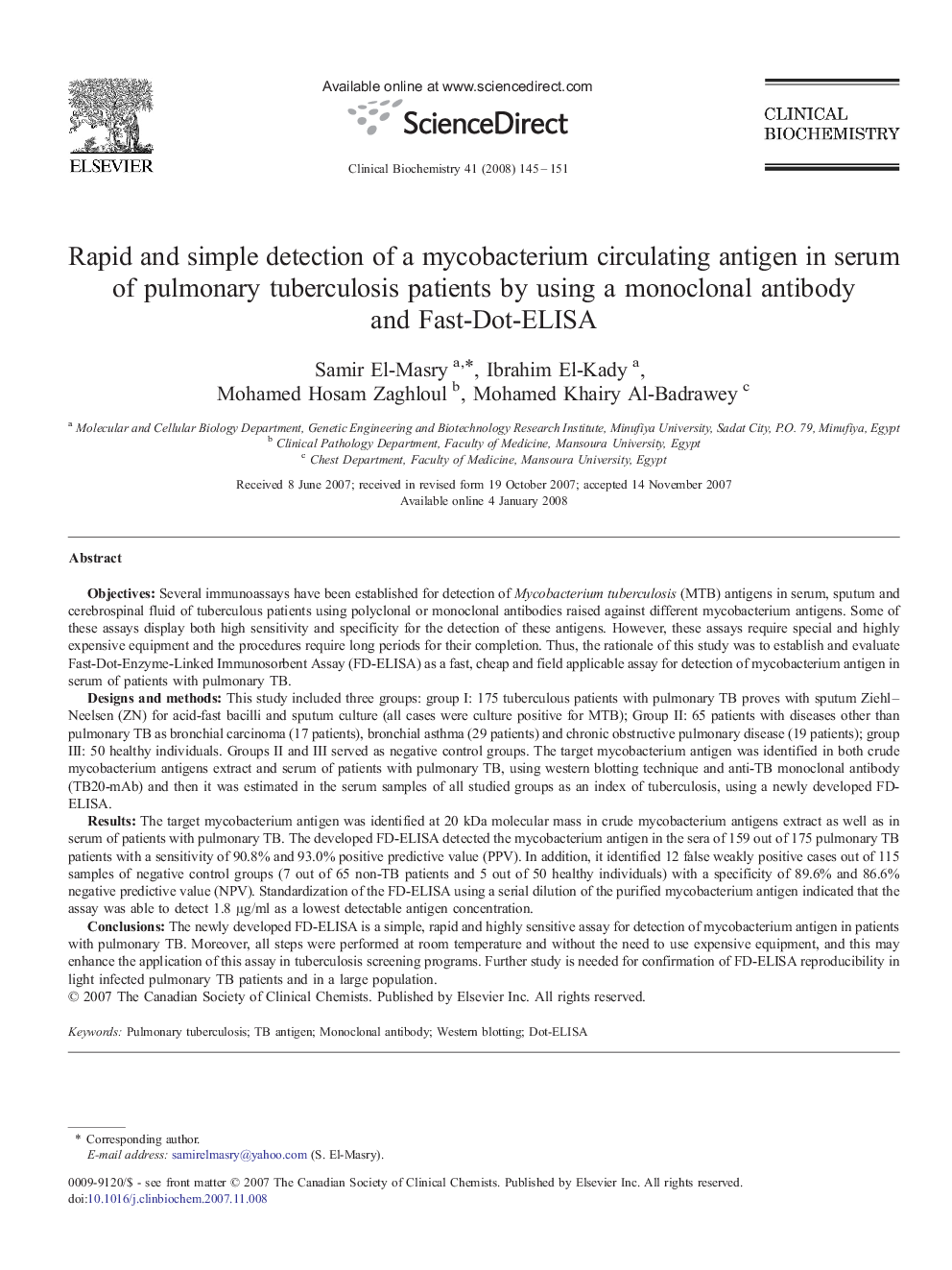 Rapid and simple detection of a mycobacterium circulating antigen in serum of pulmonary tuberculosis patients by using a monoclonal antibody and Fast-Dot-ELISA