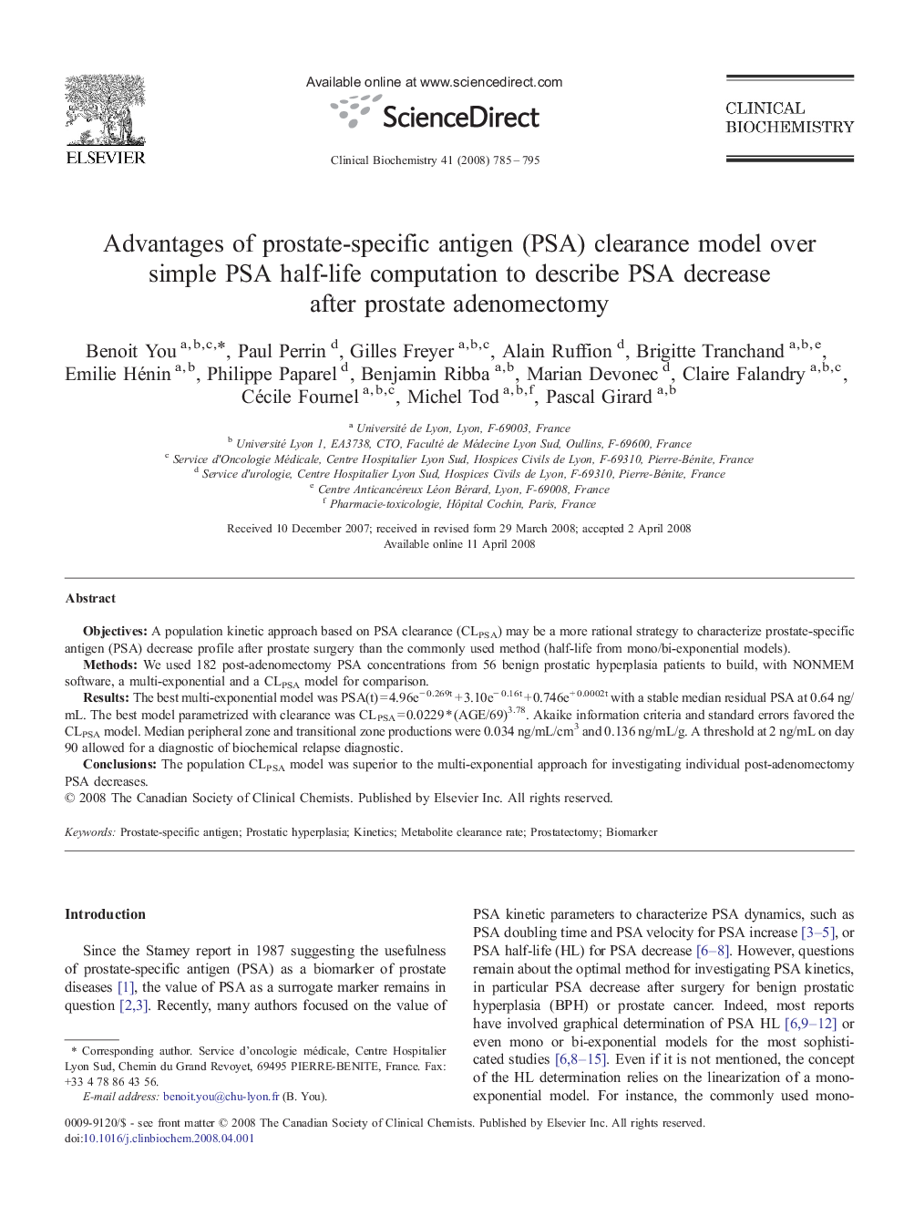 Advantages of prostate-specific antigen (PSA) clearance model over simple PSA half-life computation to describe PSA decrease after prostate adenomectomy