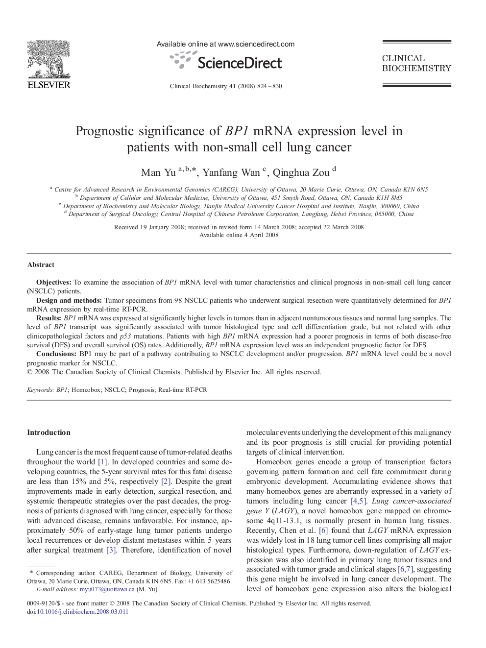 Prognostic significance of BP1 mRNA expression level in patients with non-small cell lung cancer