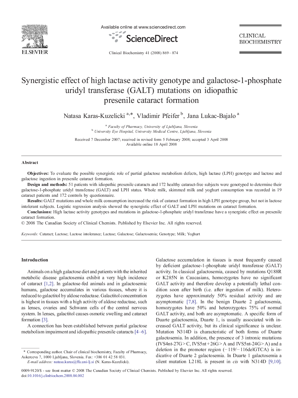 عکس صفحه اول مقاله: Synergistic effect of high lactase activity genotype and galactose-1-phosphate uridyl transferase (GALT) mutations on idiopathic presenile cataract formation Synergistic effect of high lactase activity genotype and galactose-1-phosphate uridyl transferase (GALT) mutations on idiopathic presenile cataract formation