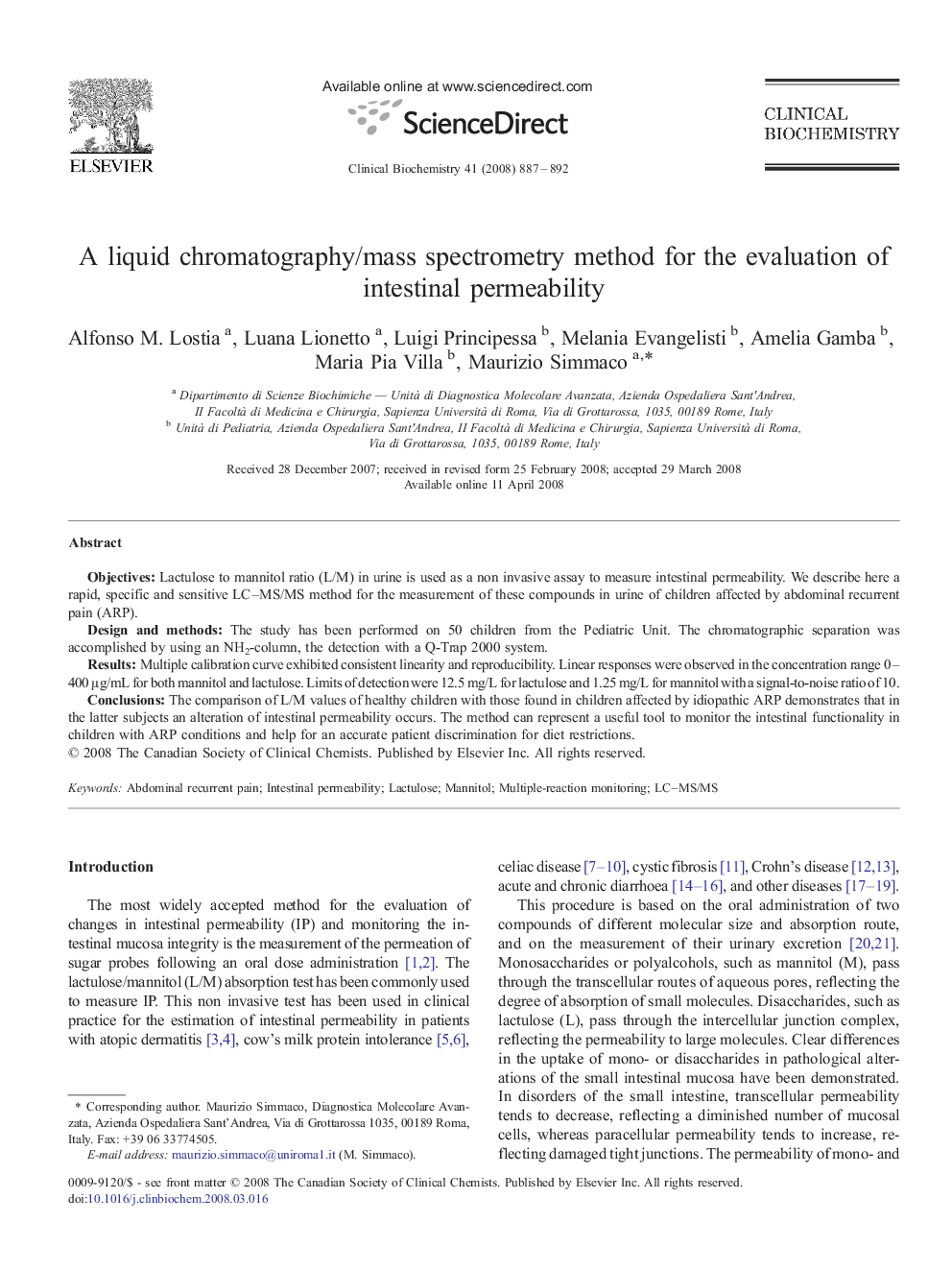 A liquid chromatography/mass spectrometry method for the evaluation of intestinal permeability