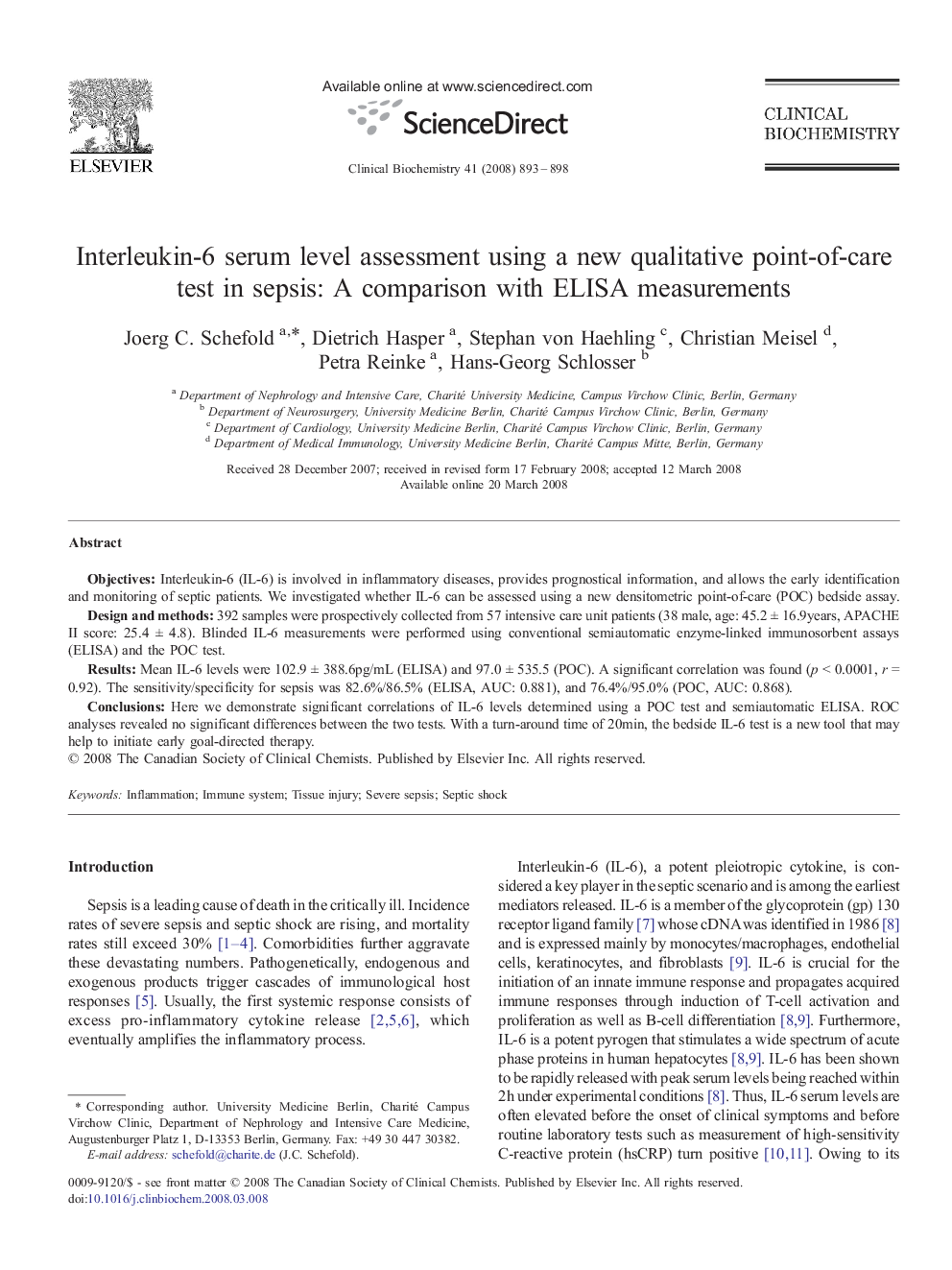 Interleukin-6 serum level assessment using a new qualitative point-of-care test in sepsis: A comparison with ELISA measurements