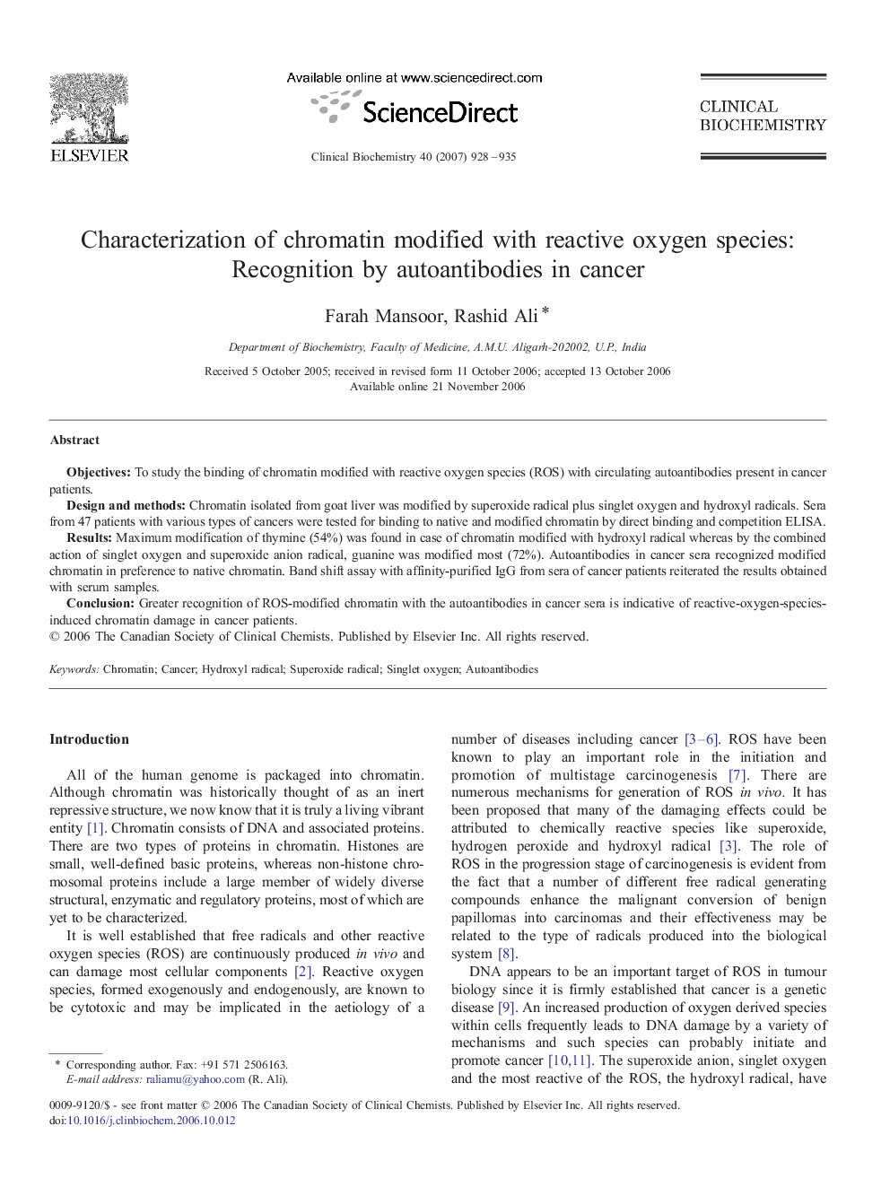 Characterization of chromatin modified with reactive oxygen species: Recognition by autoantibodies in cancer