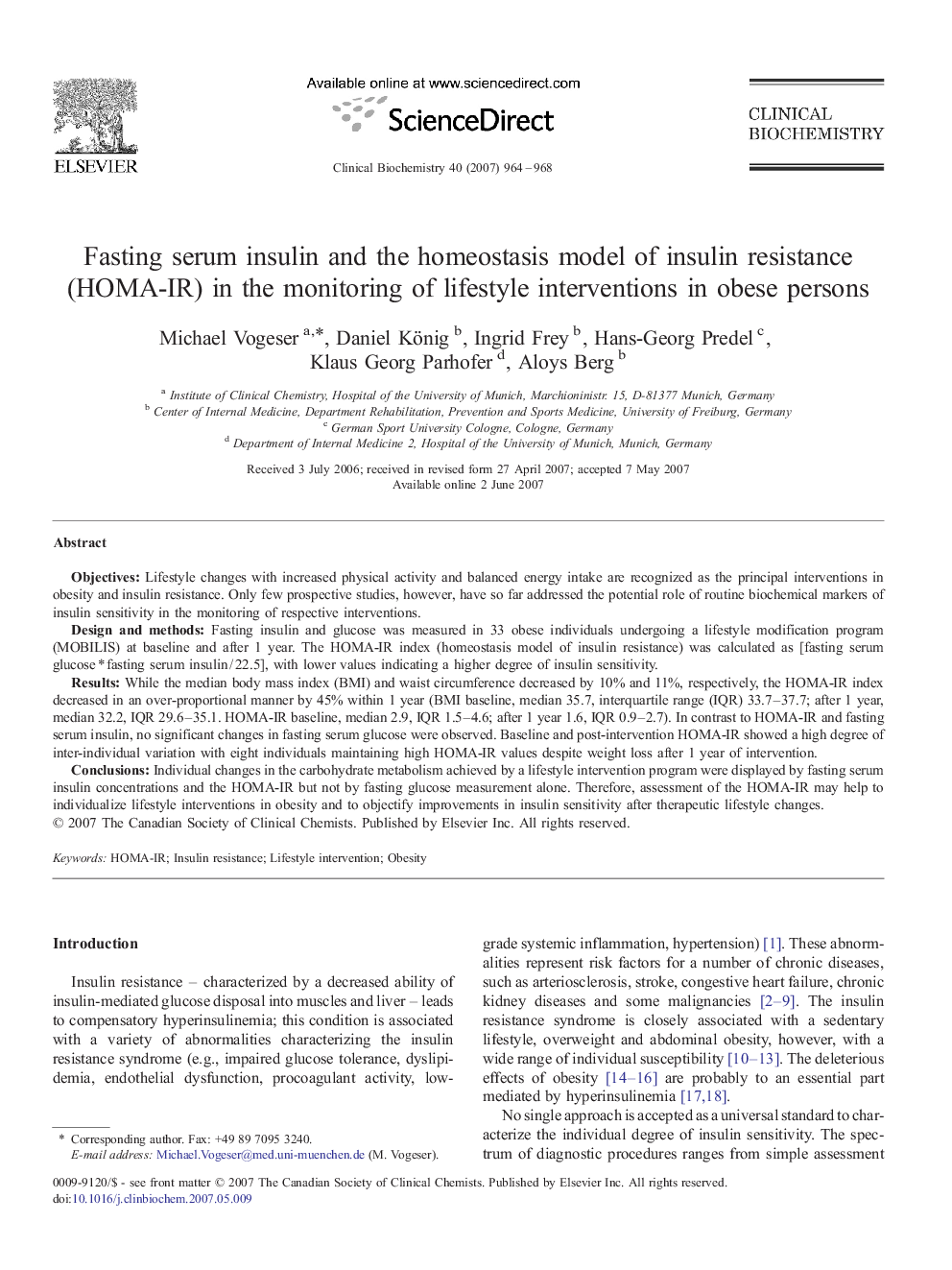 Fasting serum insulin and the homeostasis model of insulin resistance (HOMA-IR) in the monitoring of lifestyle interventions in obese persons