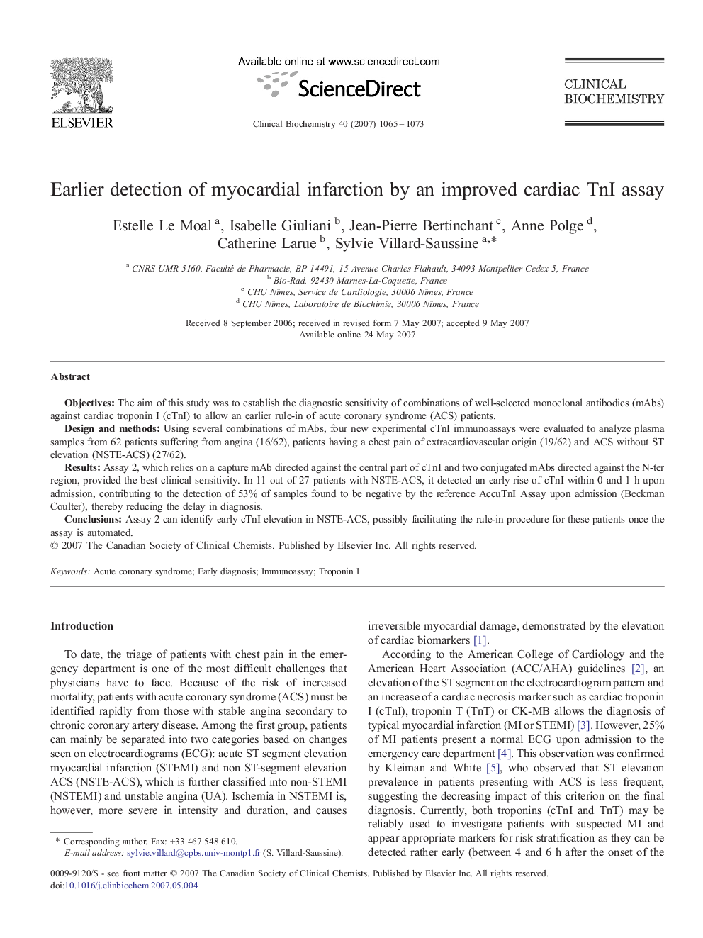 Earlier detection of myocardial infarction by an improved cardiac TnI assay