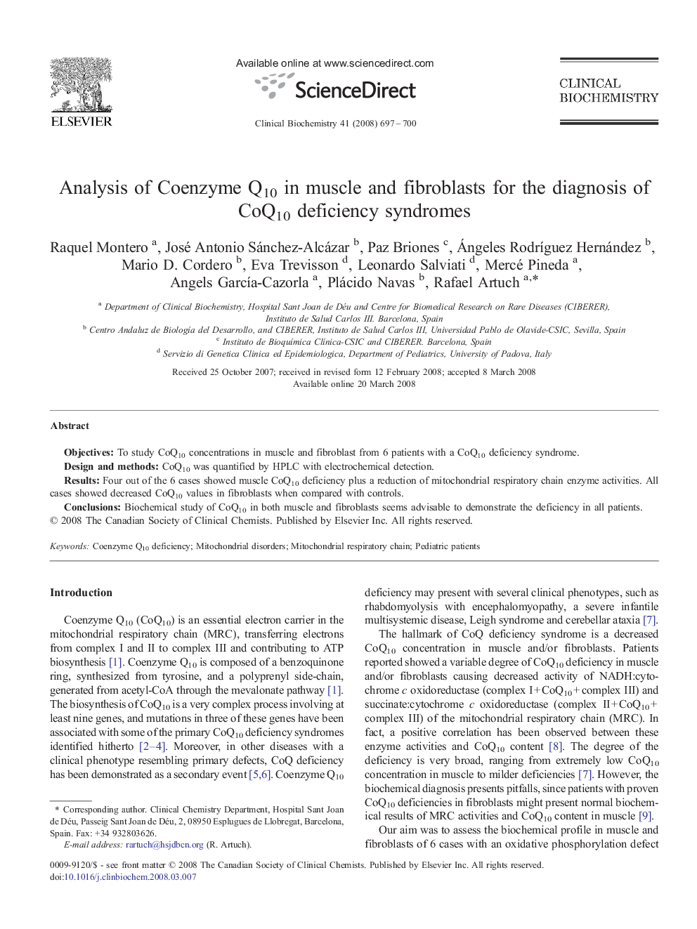 Analysis of Coenzyme Q10 in muscle and fibroblasts for the diagnosis of CoQ10 deficiency syndromes