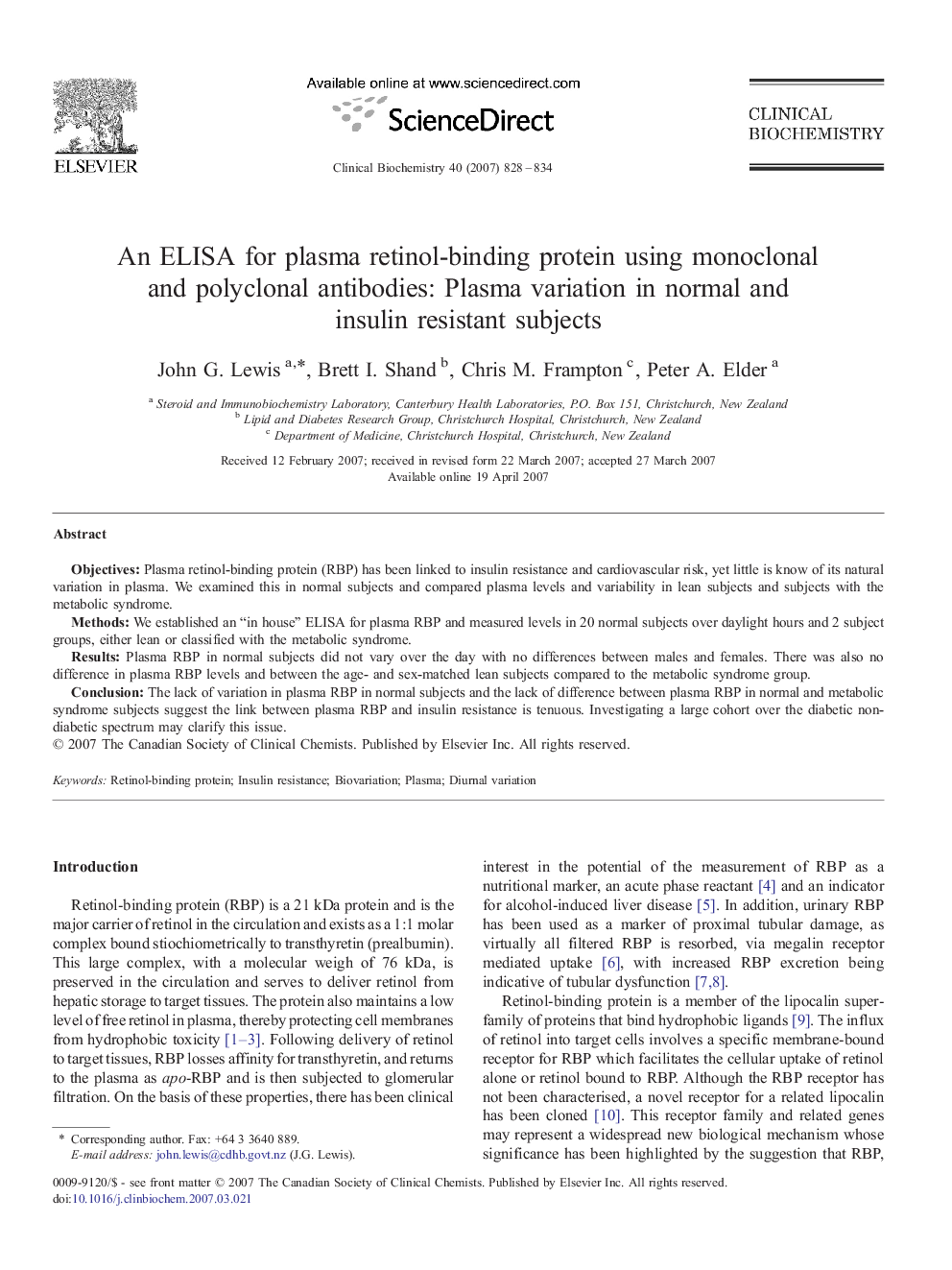 An ELISA for plasma retinol-binding protein using monoclonal and polyclonal antibodies: Plasma variation in normal and insulin resistant subjects