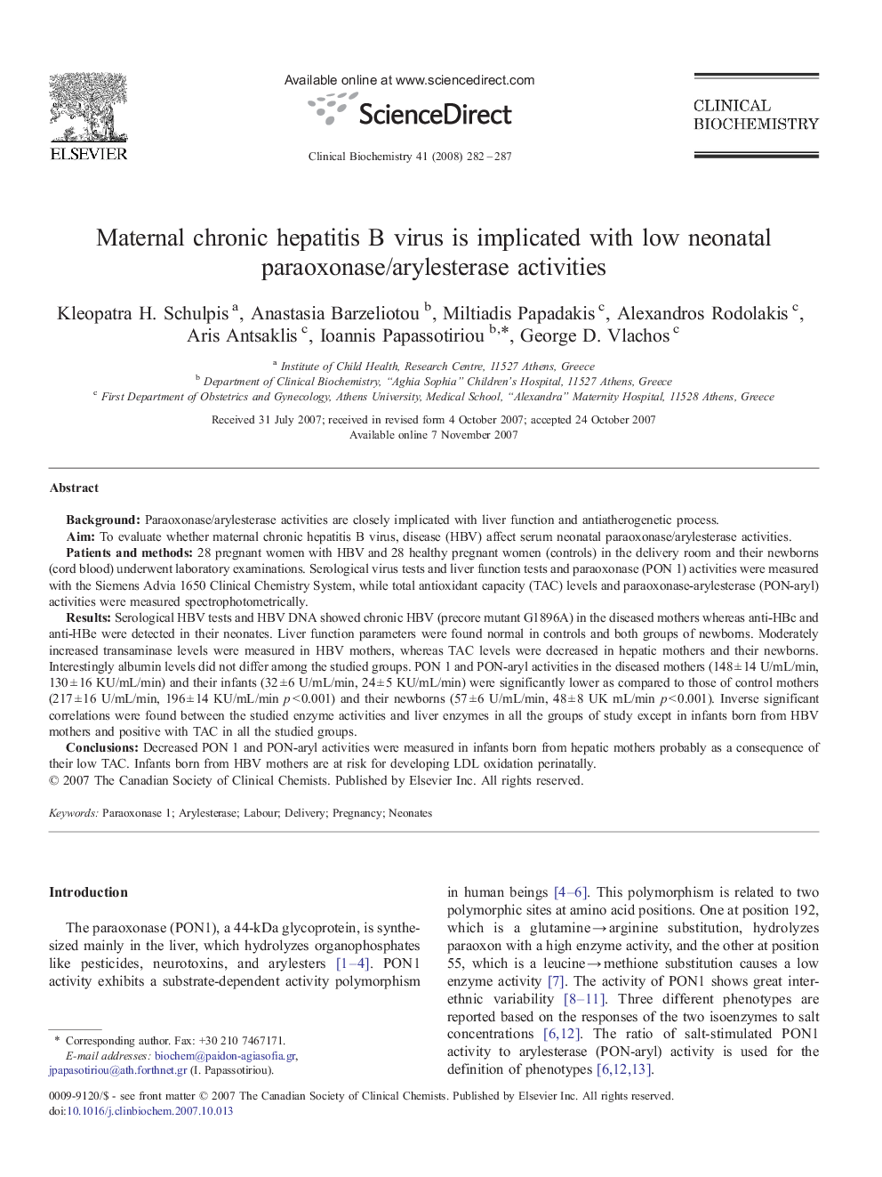 Maternal chronic hepatitis B virus is implicated with low neonatal paraoxonase/arylesterase activities