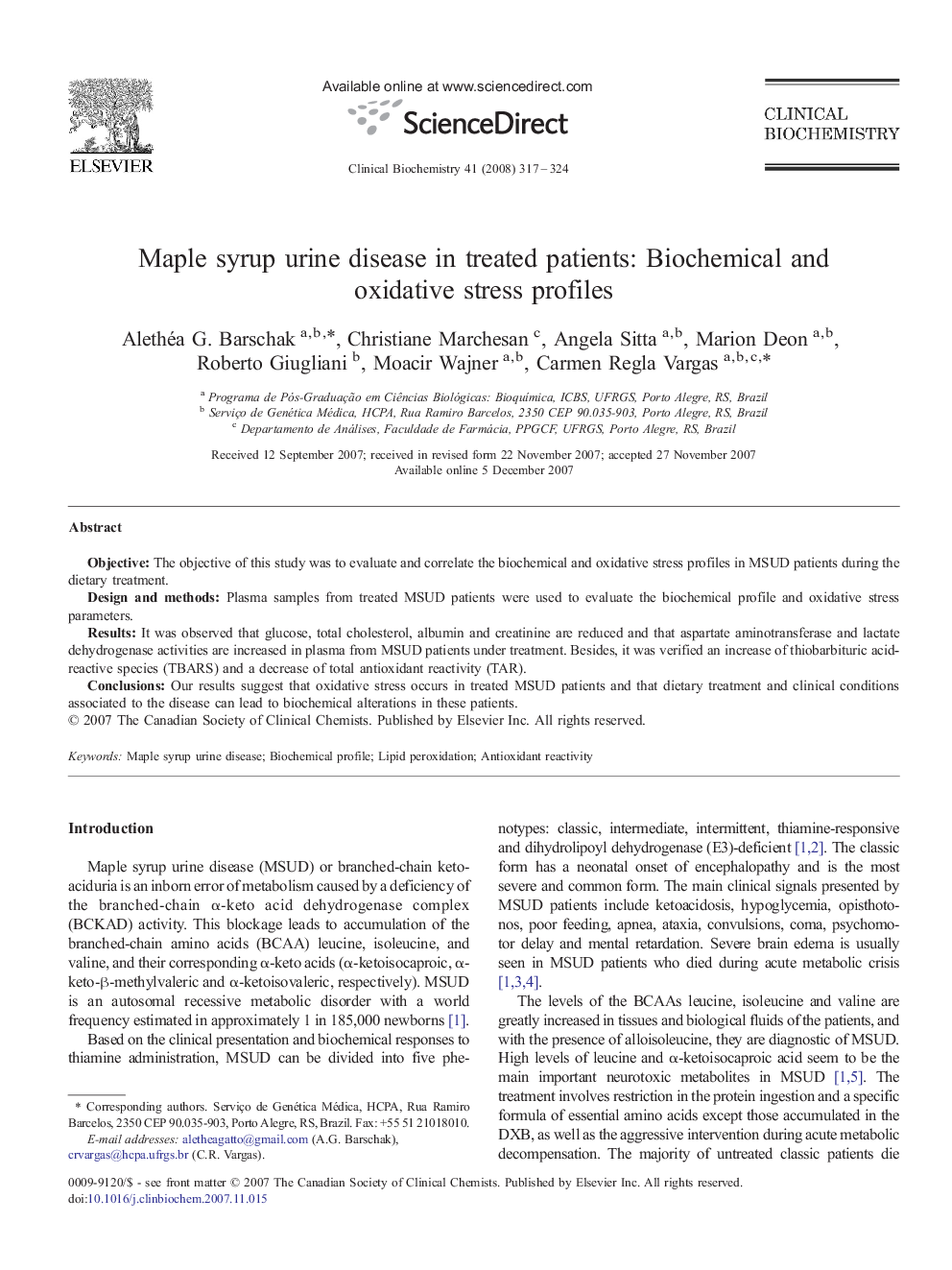 Maple syrup urine disease in treated patients: Biochemical and oxidative stress profiles