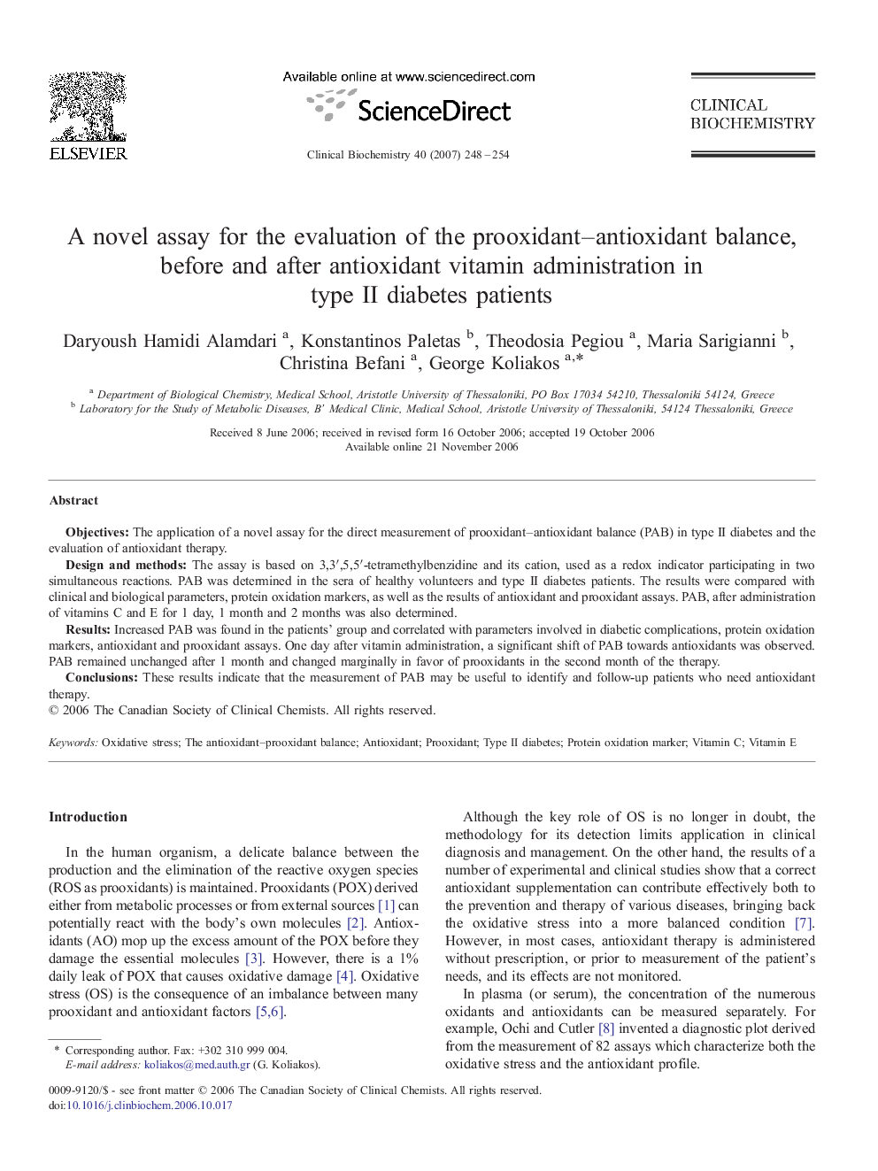 A novel assay for the evaluation of the prooxidant–antioxidant balance, before and after antioxidant vitamin administration in type II diabetes patients