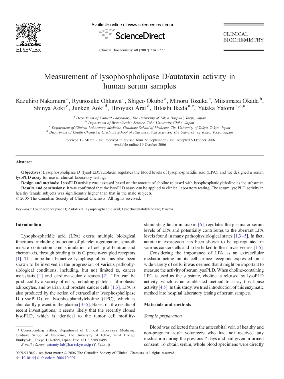 Measurement of lysophospholipase D/autotaxin activity in human serum samples