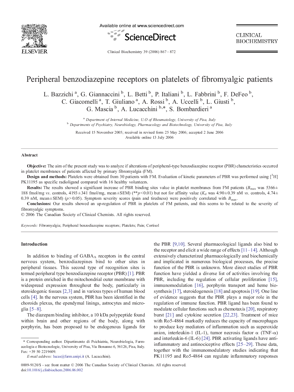 Peripheral benzodiazepine receptors on platelets of fibromyalgic patients