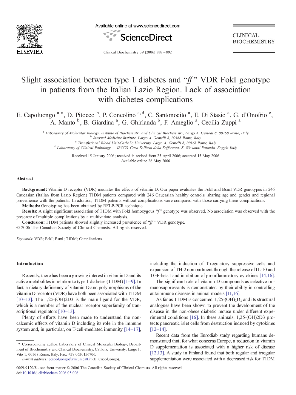 Slight association between type 1 diabetes and “ff” VDR FokI genotype in patients from the Italian Lazio Region. Lack of association with diabetes complications