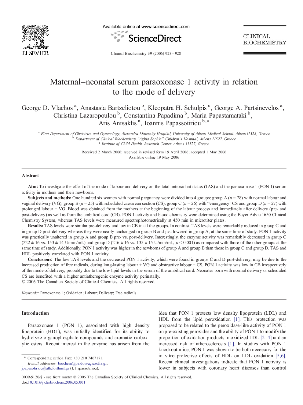 Maternal–neonatal serum paraoxonase 1 activity in relation to the mode of delivery