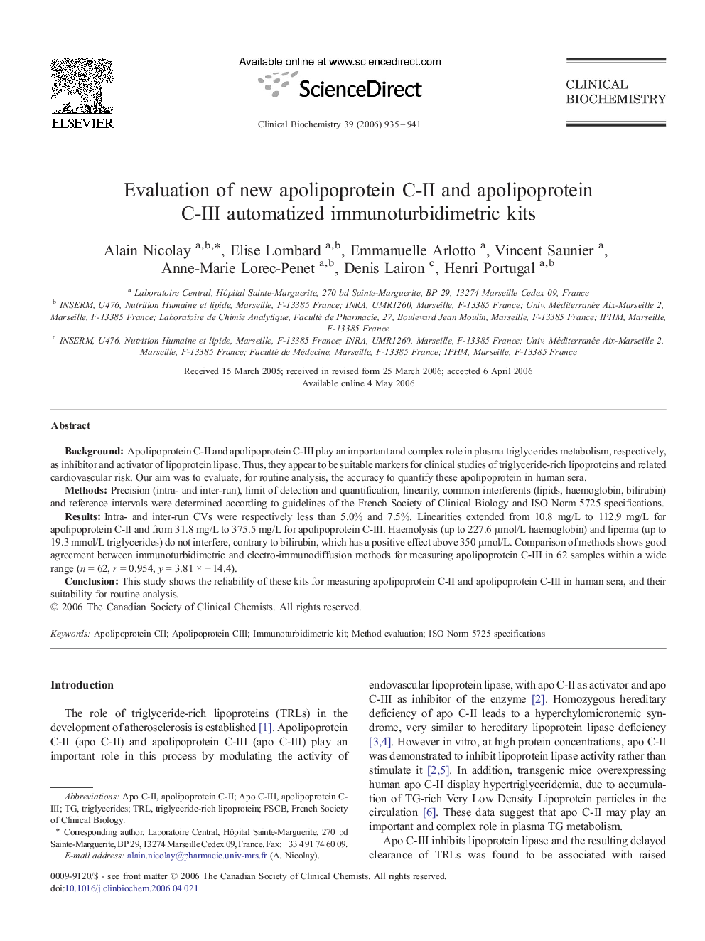 Evaluation of new apolipoprotein C-II and apolipoprotein C-III automatized immunoturbidimetric kits