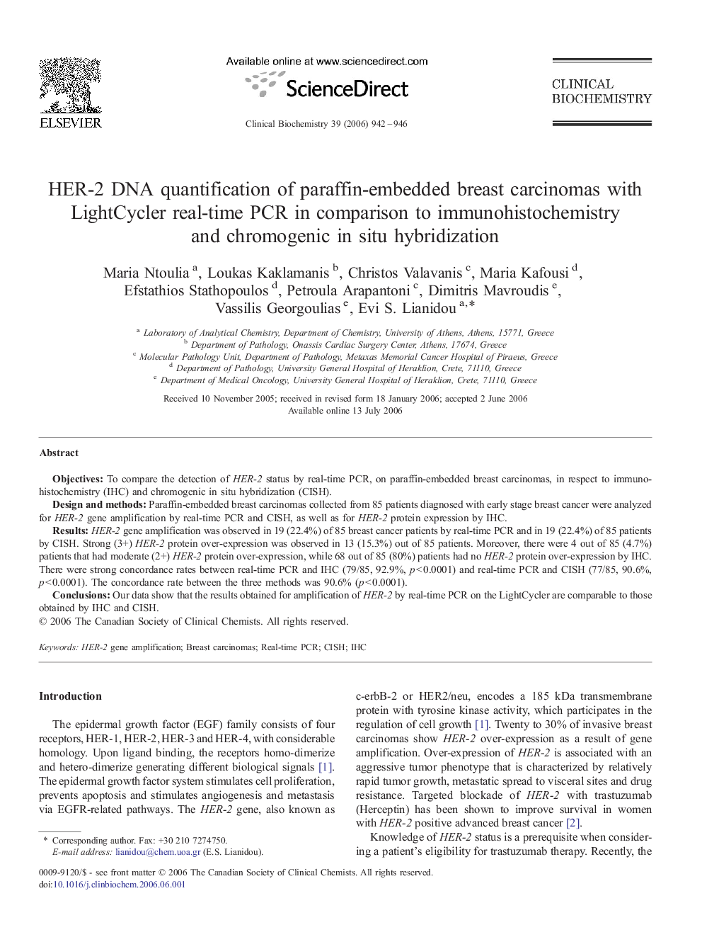 HER-2 DNA quantification of paraffin-embedded breast carcinomas with LightCycler real-time PCR in comparison to immunohistochemistry and chromogenic in situ hybridization