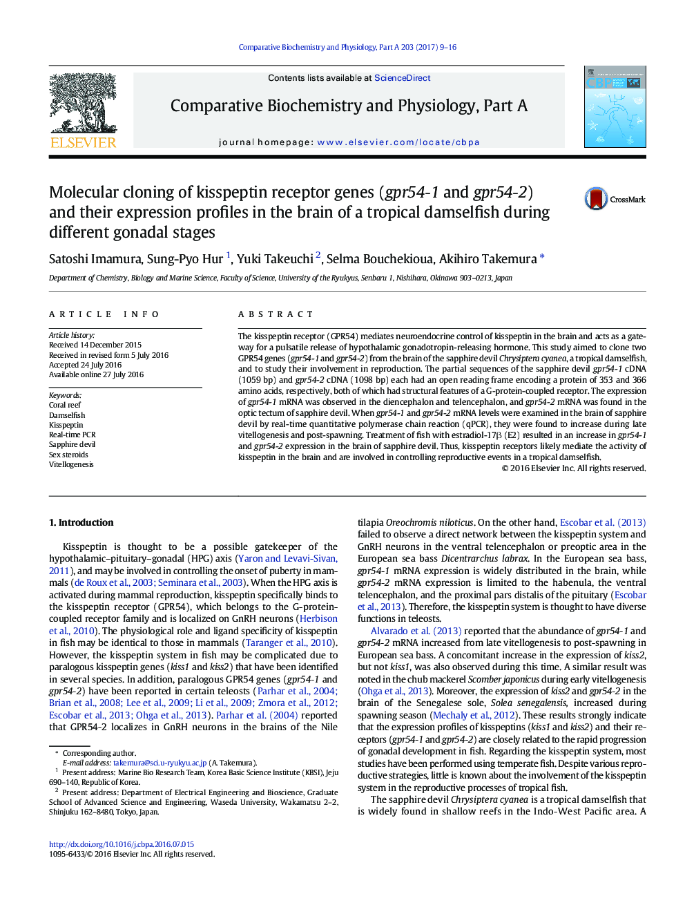 Molecular cloning of kisspeptin receptor genes (gpr54-1 and gpr54-2) and their expression profiles in the brain of a tropical damselfish during different gonadal stages