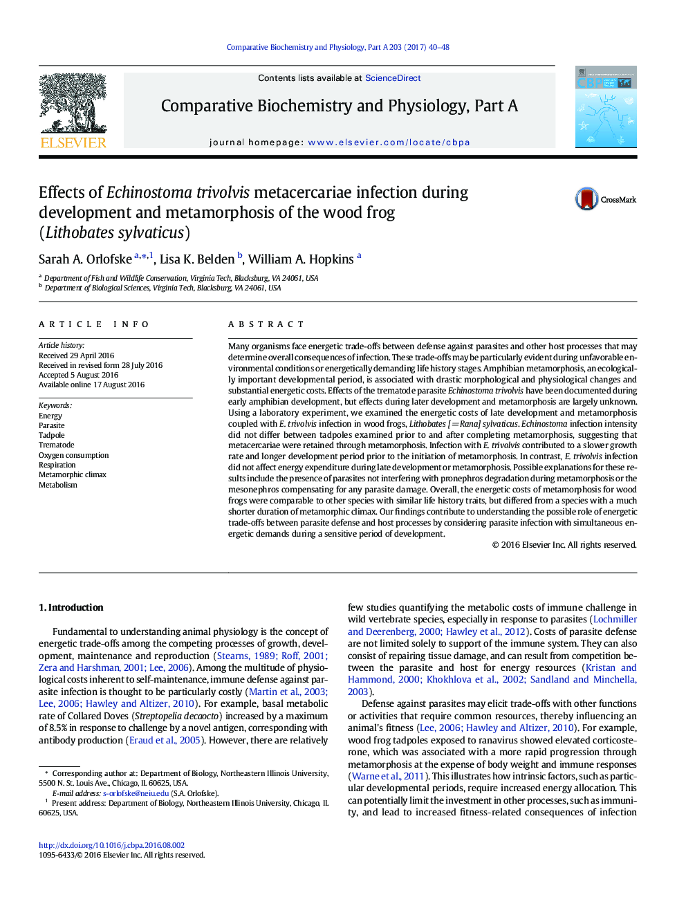 Effects of Echinostoma trivolvis metacercariae infection during development and metamorphosis of the wood frog (Lithobates sylvaticus)