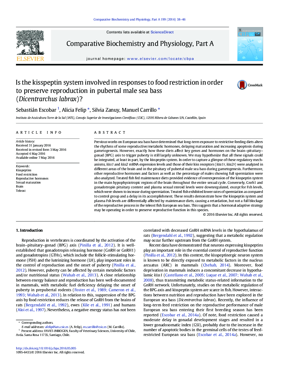 Is the kisspeptin system involved in responses to food restriction in order to preserve reproduction in pubertal male sea bass (Dicentrarchus labrax)?