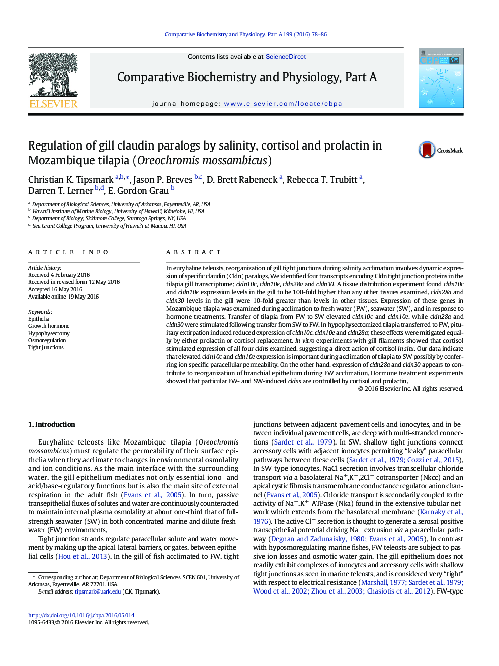 Regulation of gill claudin paralogs by salinity, cortisol and prolactin in Mozambique tilapia (Oreochromis mossambicus)