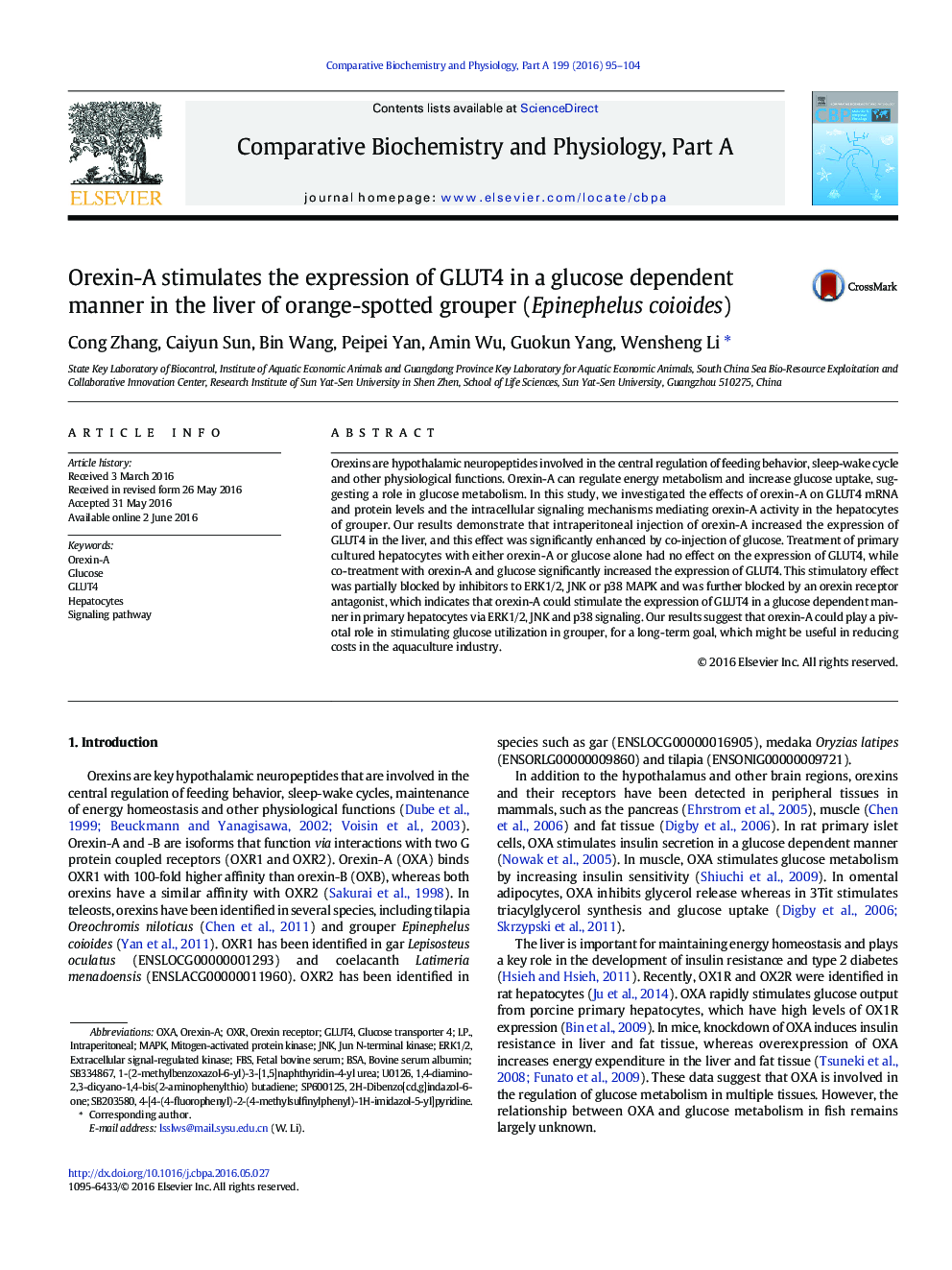 Orexin-A stimulates the expression of GLUT4 in a glucose dependent manner in the liver of orange-spotted grouper (Epinephelus coioides)