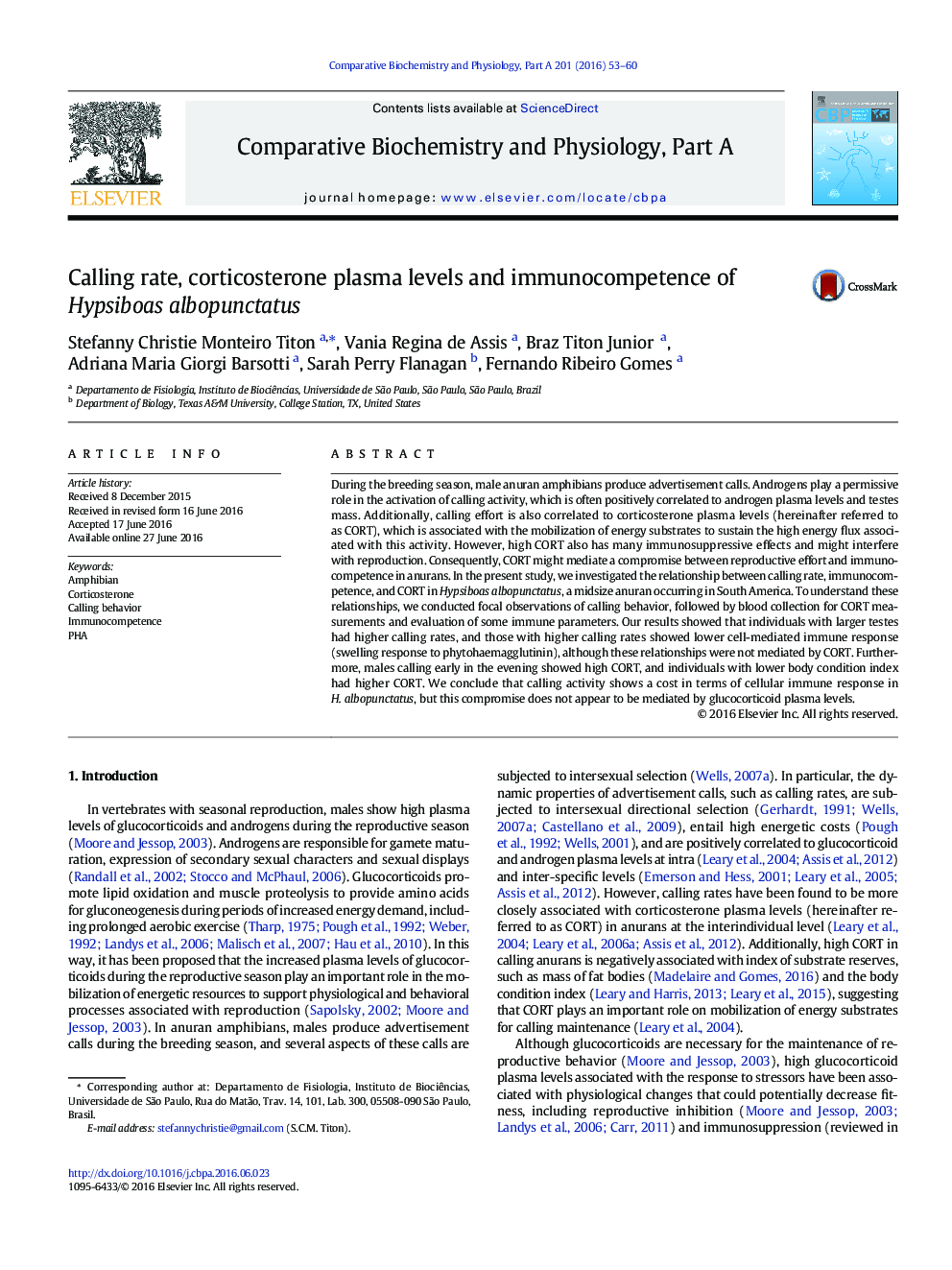 Calling rate, corticosterone plasma levels and immunocompetence of Hypsiboas albopunctatus