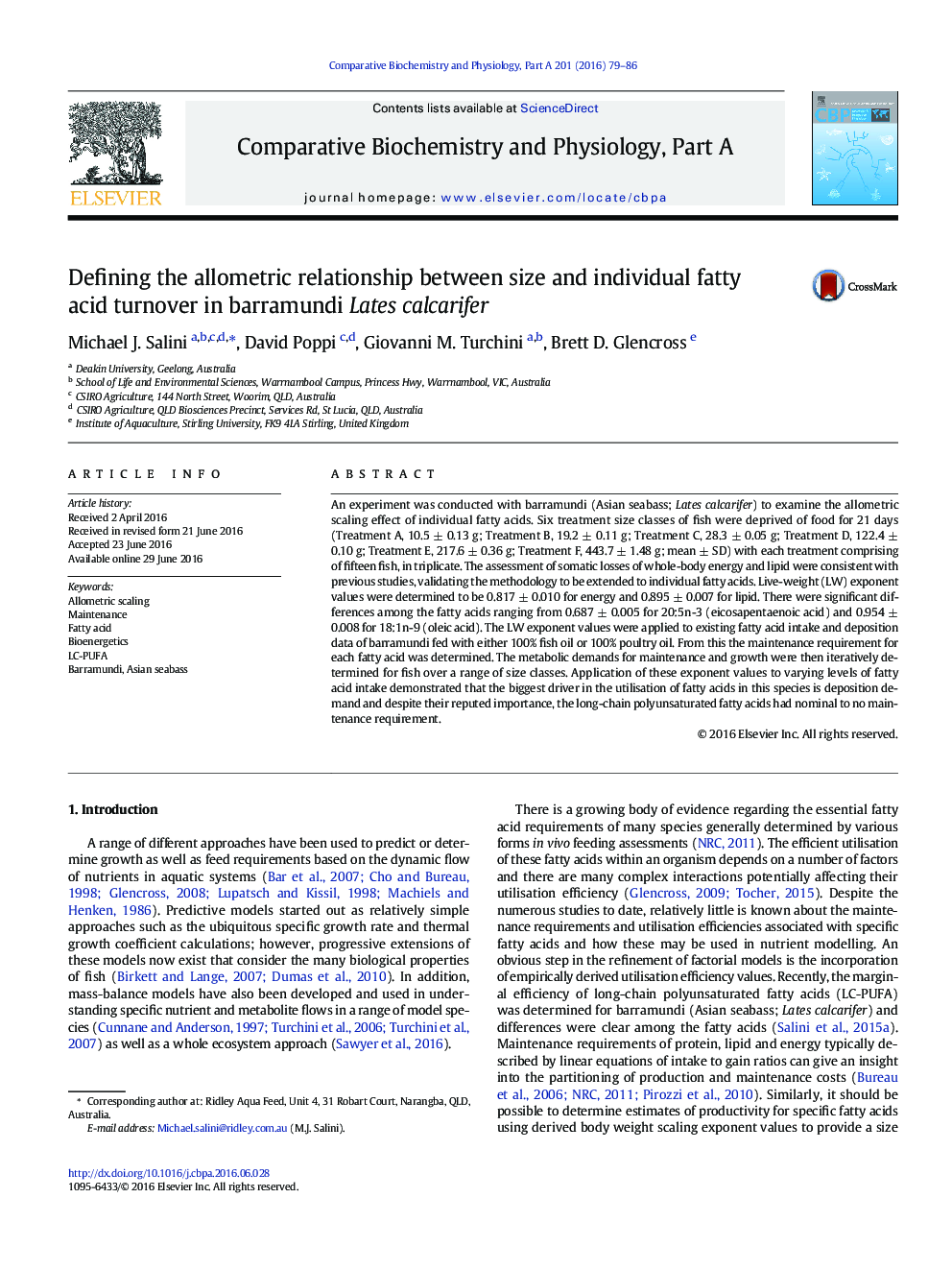 Defining the allometric relationship between size and individual fatty acid turnover in barramundi Lates calcarifer