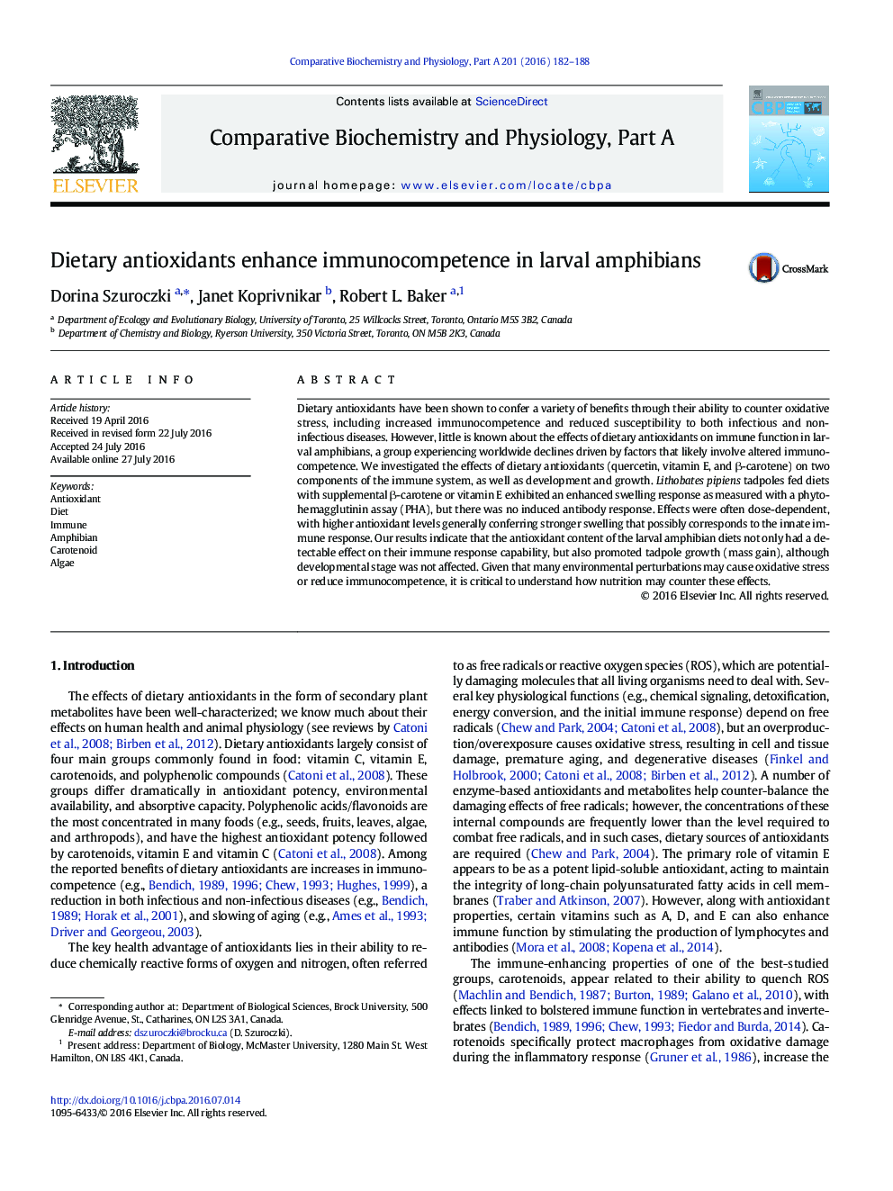 Dietary antioxidants enhance immunocompetence in larval amphibians