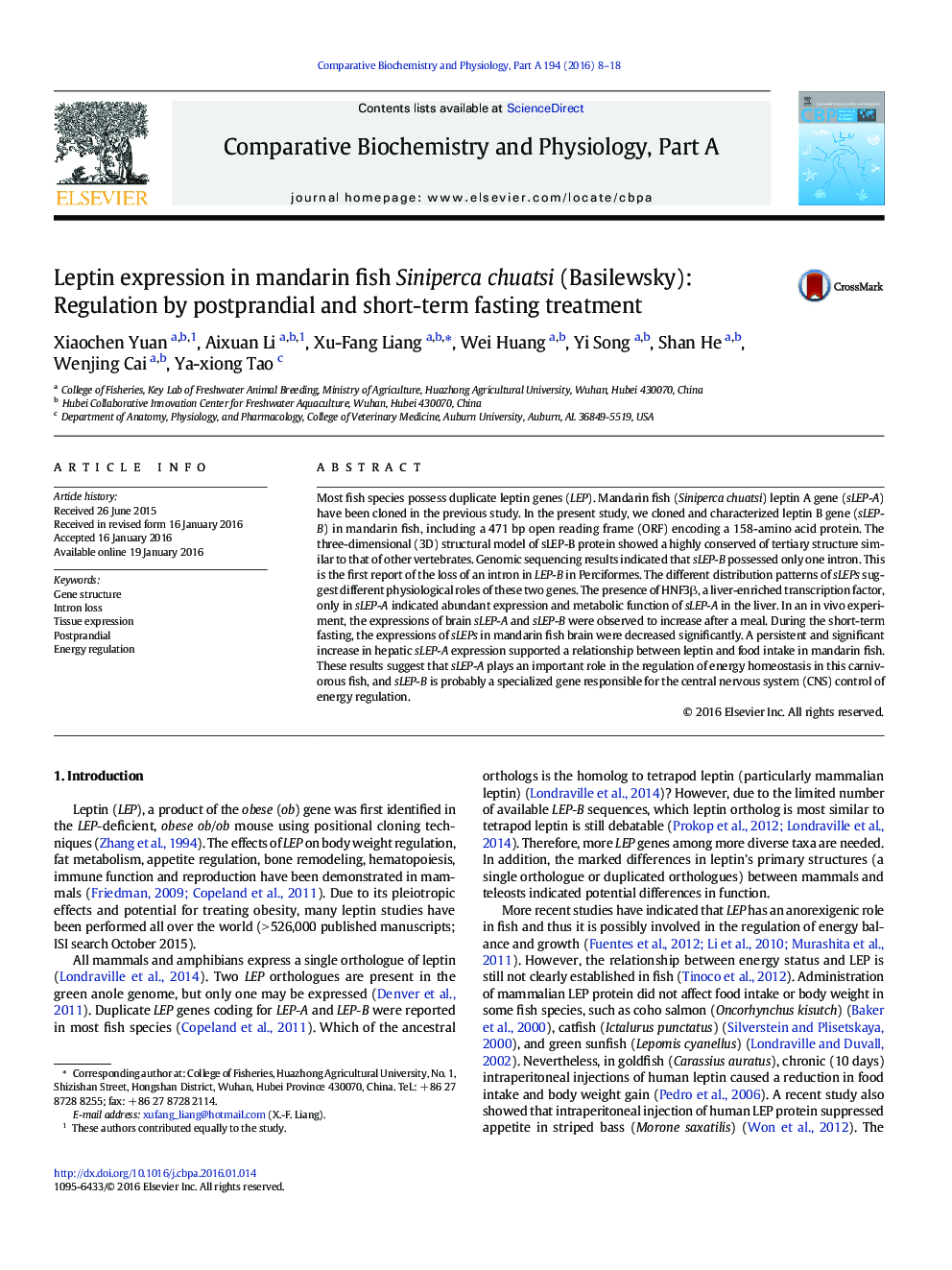 Leptin expression in mandarin fish Siniperca chuatsi (Basilewsky): Regulation by postprandial and short-term fasting treatment