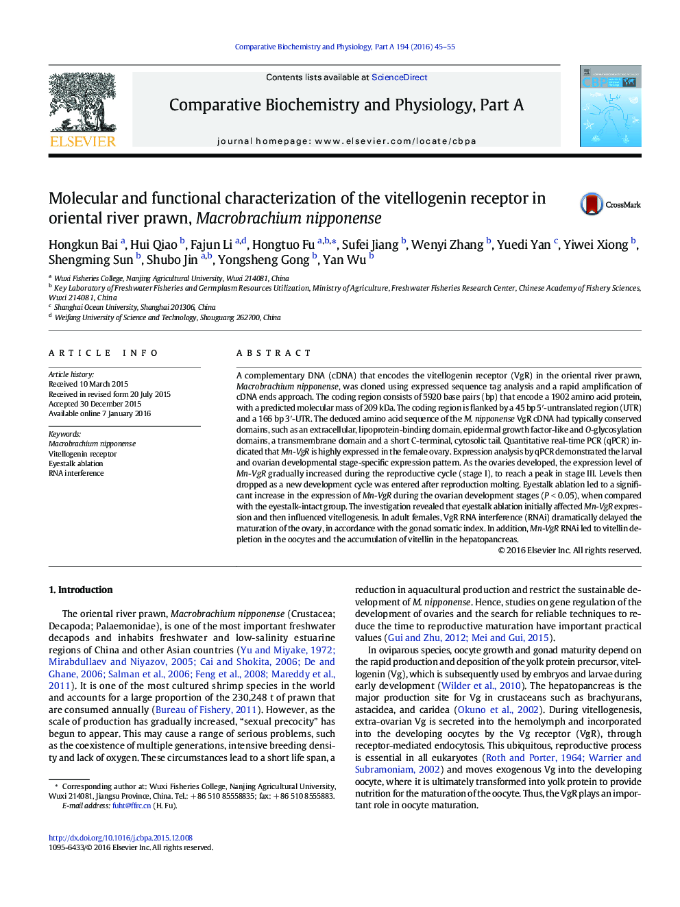 Molecular and functional characterization of the vitellogenin receptor in oriental river prawn, Macrobrachium nipponense