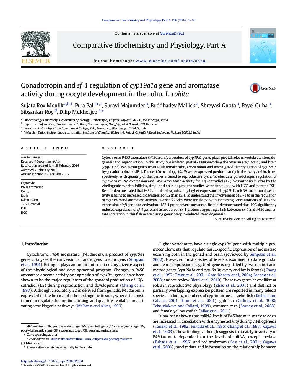 Gonadotropin and sf-1 regulation of cyp19a1a gene and aromatase activity during oocyte development in the rohu, L. rohita