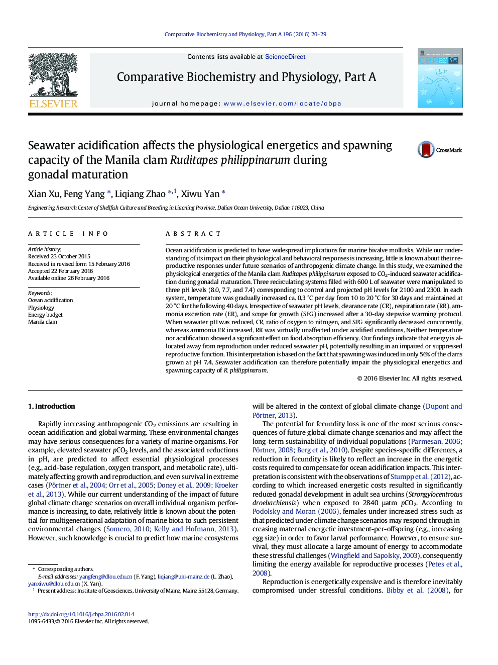 Seawater acidification affects the physiological energetics and spawning capacity of the Manila clam Ruditapes philippinarum during gonadal maturation