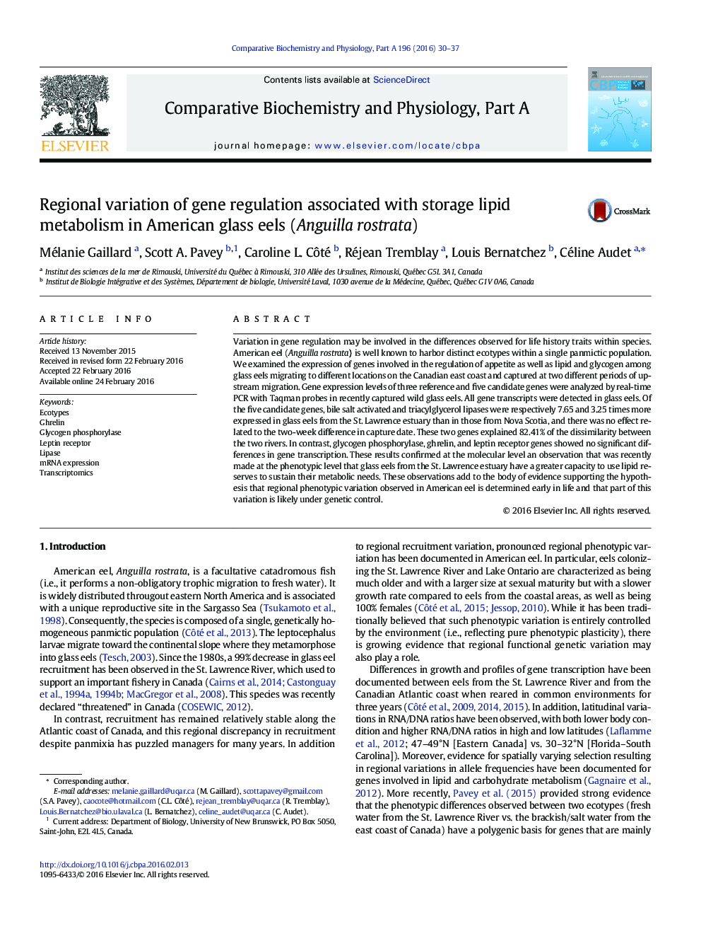 Regional variation of gene regulation associated with storage lipid metabolism in American glass eels (Anguilla rostrata)
