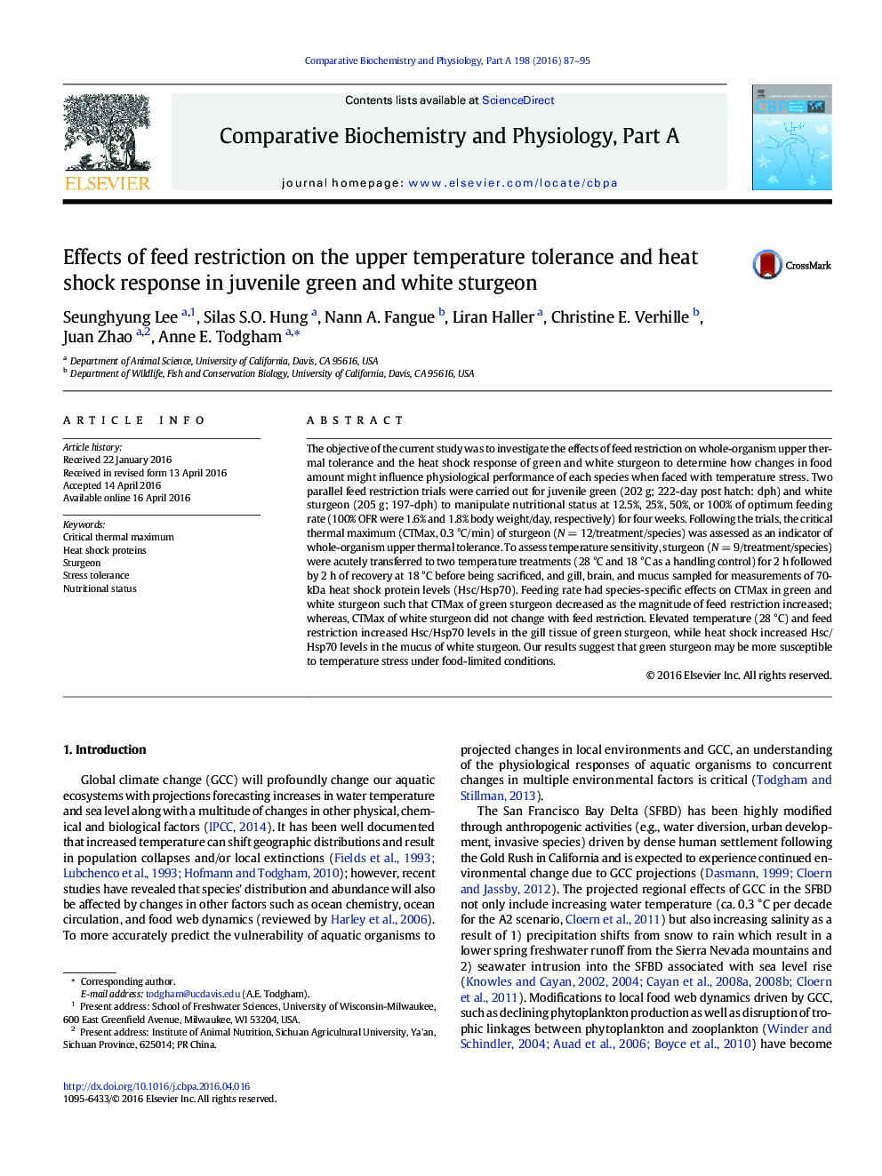 Effects of feed restriction on the upper temperature tolerance and heat shock response in juvenile green and white sturgeon