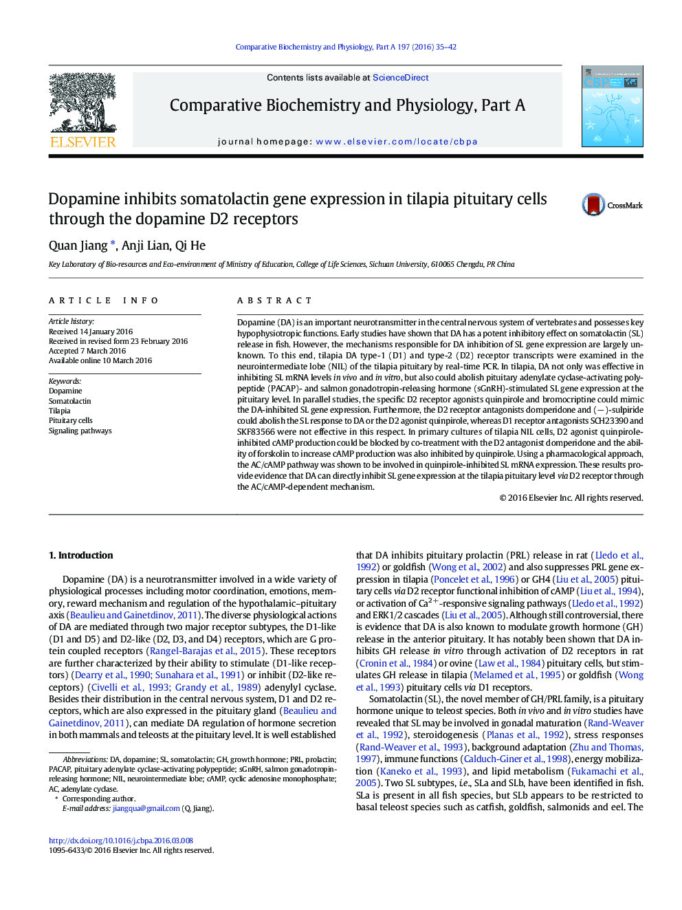 Dopamine inhibits somatolactin gene expression in tilapia pituitary cells through the dopamine D2 receptors