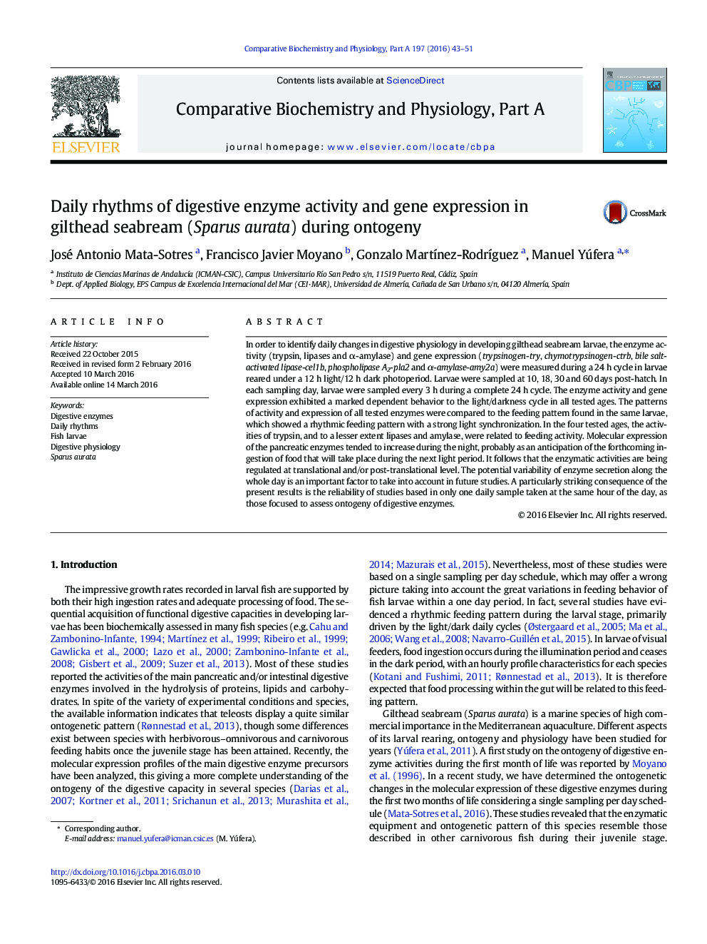 Daily rhythms of digestive enzyme activity and gene expression in gilthead seabream (Sparus aurata) during ontogeny