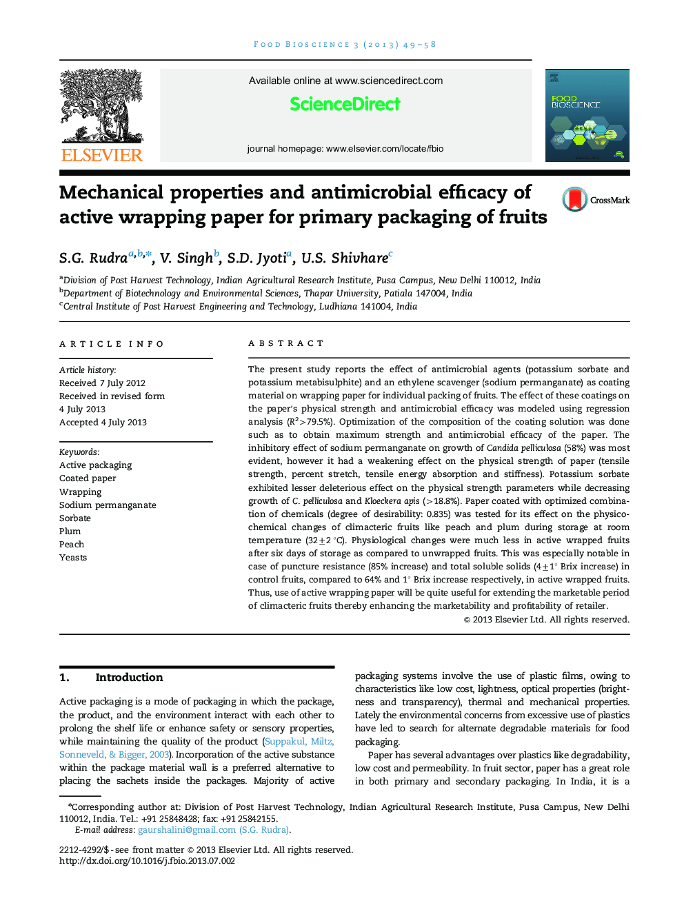 Mechanical properties and antimicrobial efficacy of active wrapping paper for primary packaging of fruits