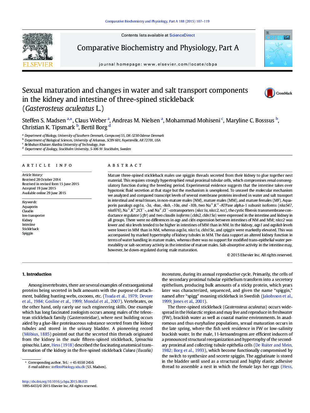 Sexual maturation and changes in water and salt transport components in the kidney and intestine of three-spined stickleback (Gasterosteus aculeatus L.)