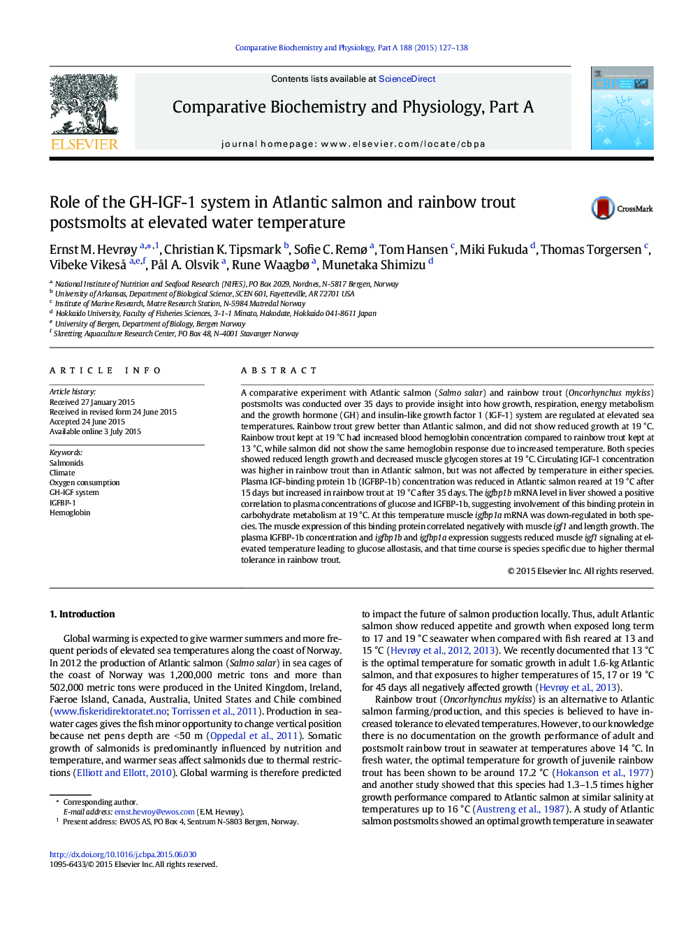 عکس صفحه اول مقاله: Role of the GH-IGF-1 system in Atlantic salmon and rainbow trout postsmolts at elevated water temperature Role of the GH-IGF-1 system in Atlantic salmon and rainbow trout postsmolts at elevated water temperature